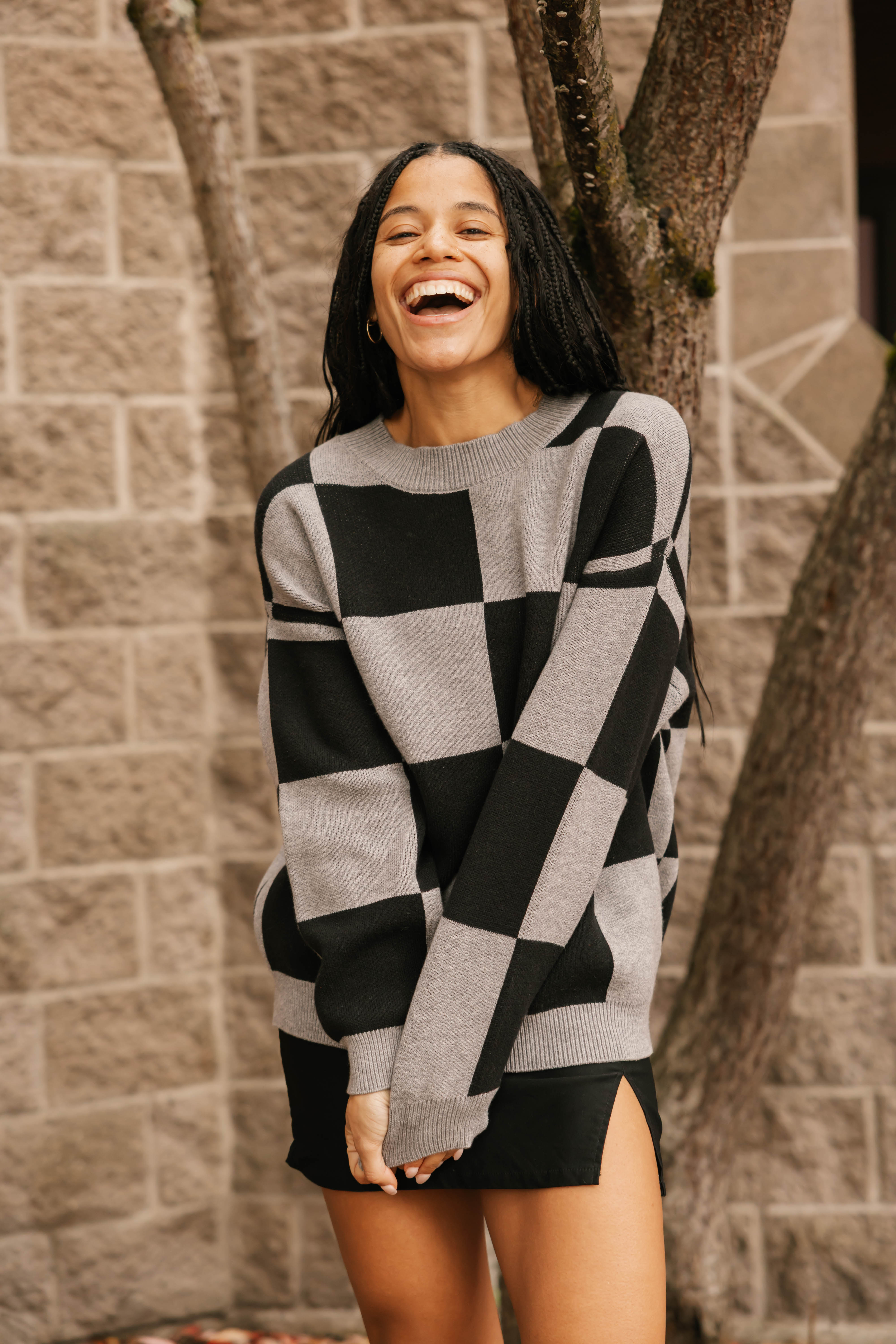 Chrissy Checkered Sweater in Grey/Black