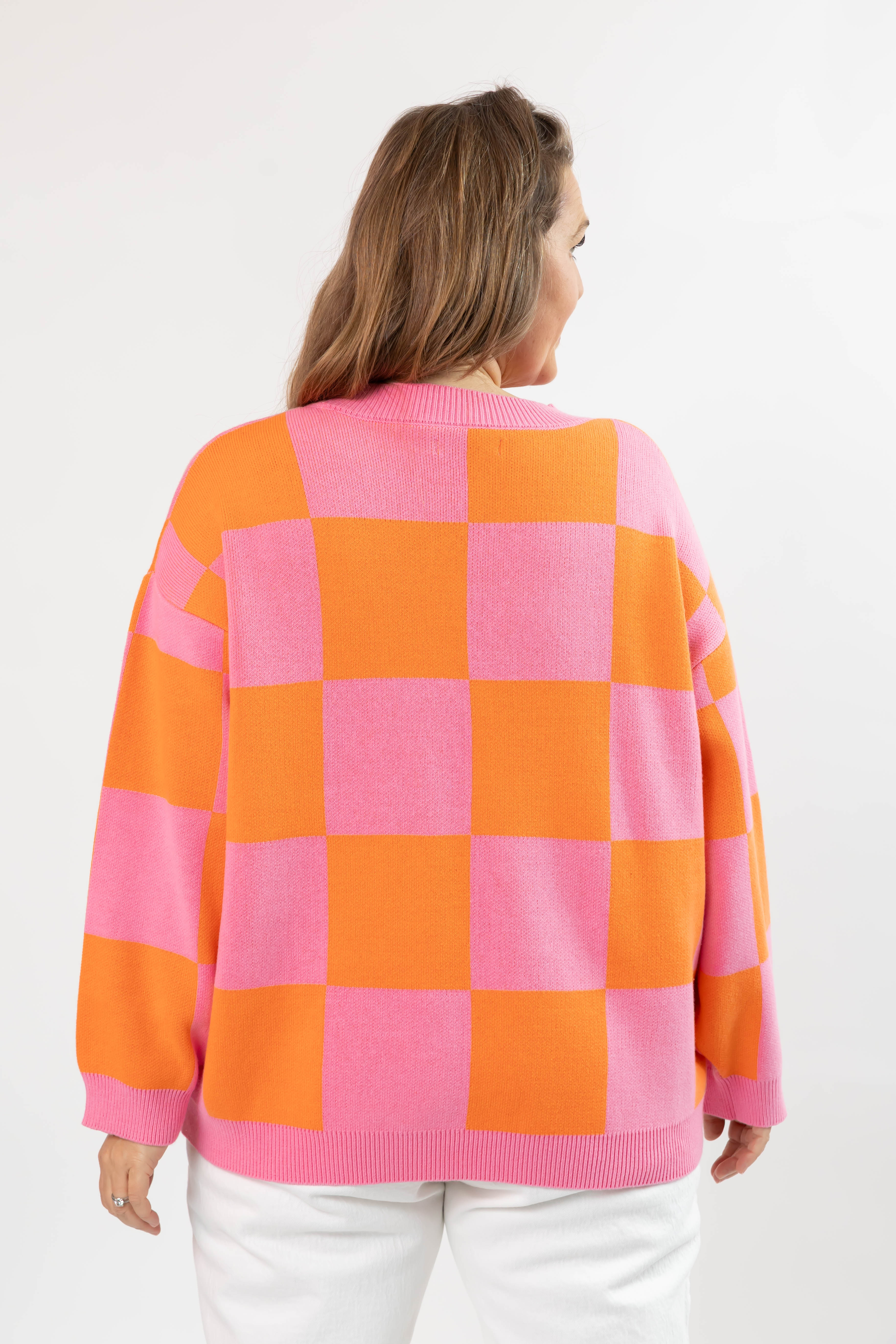 Chrissy Checkered Sweater in Pink/Orange