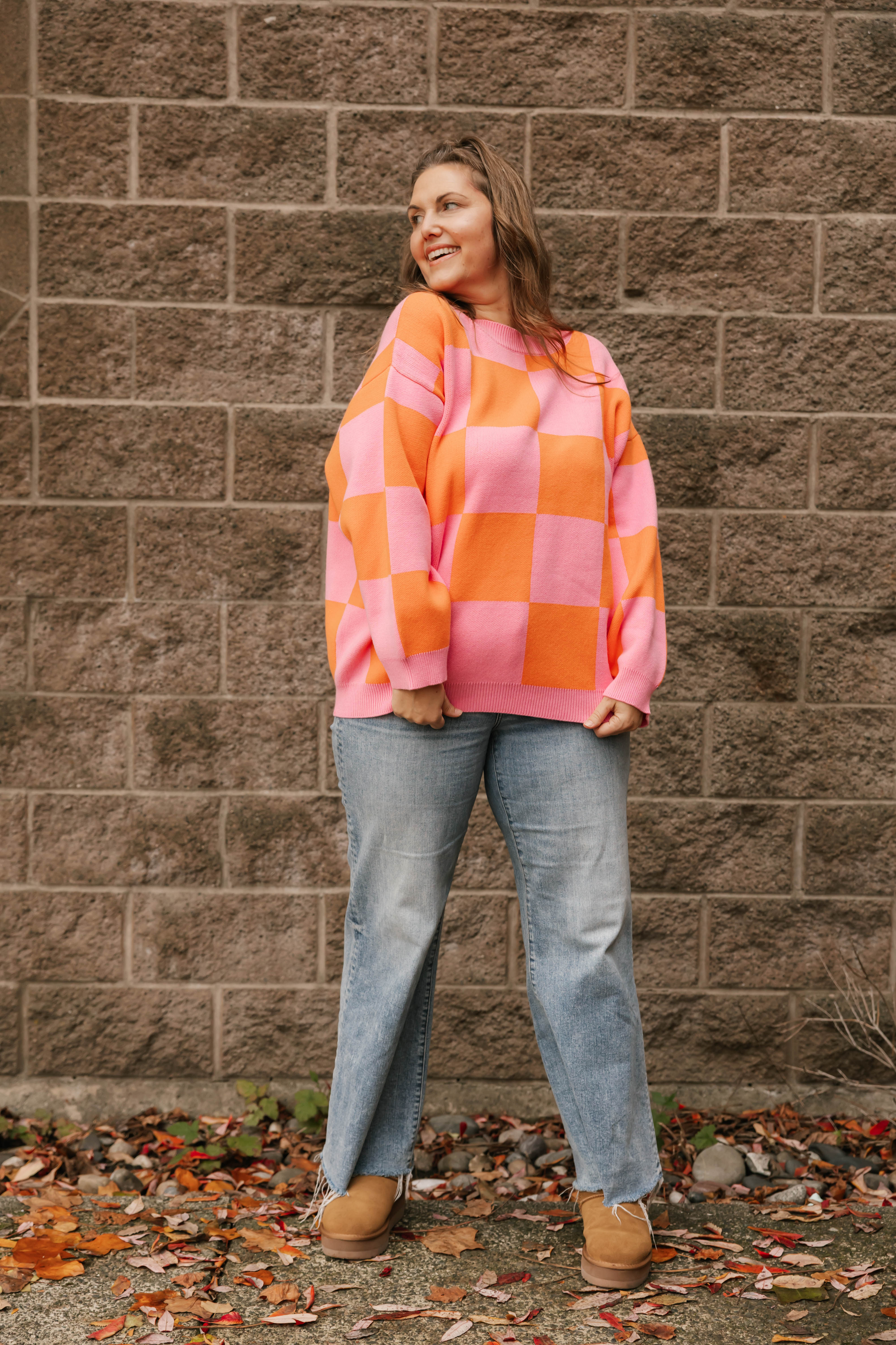 Chrissy Checkered Sweater in Pink/Orange