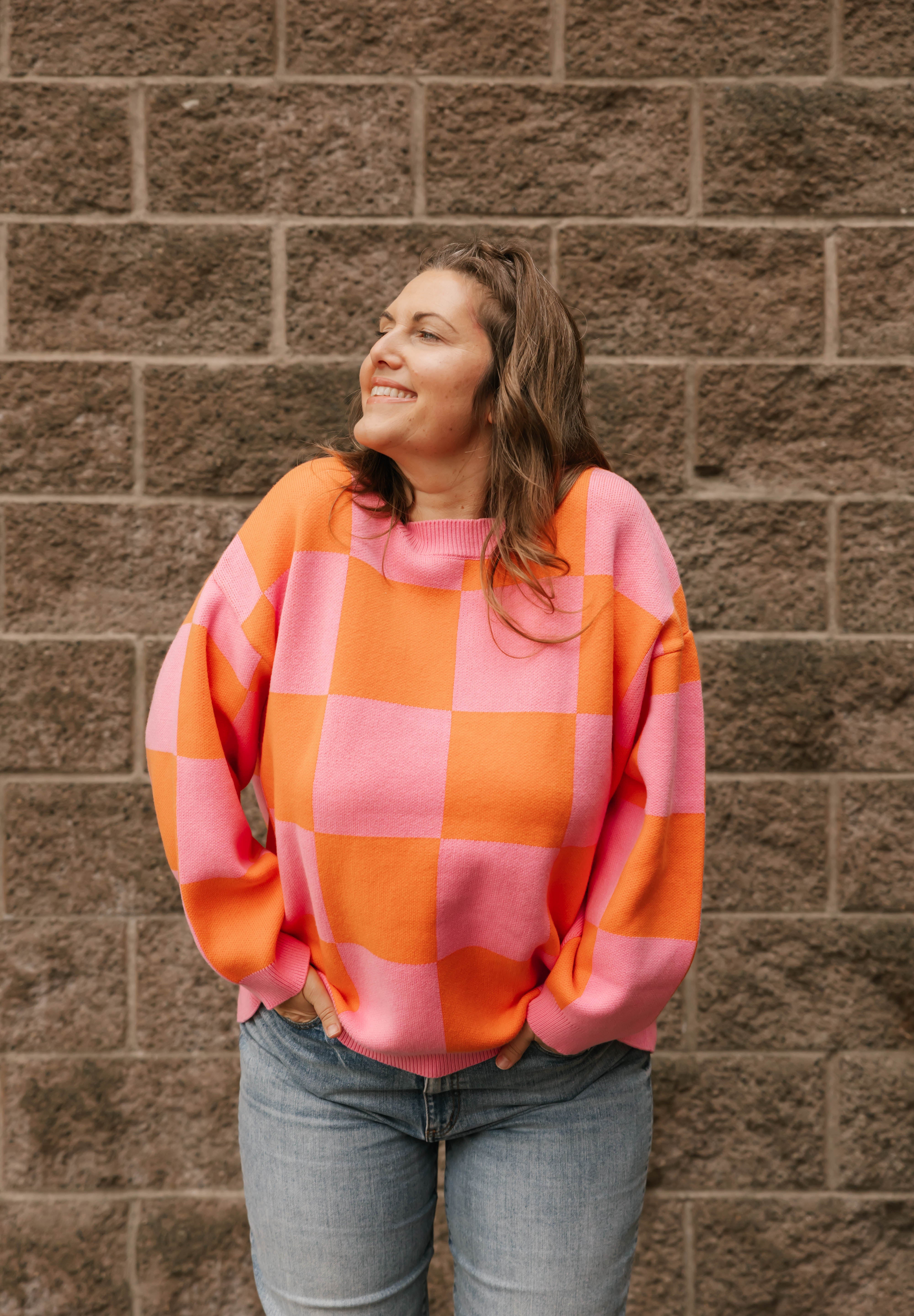 Chrissy Checkered Sweater in Pink/Orange – Smash + Tess
