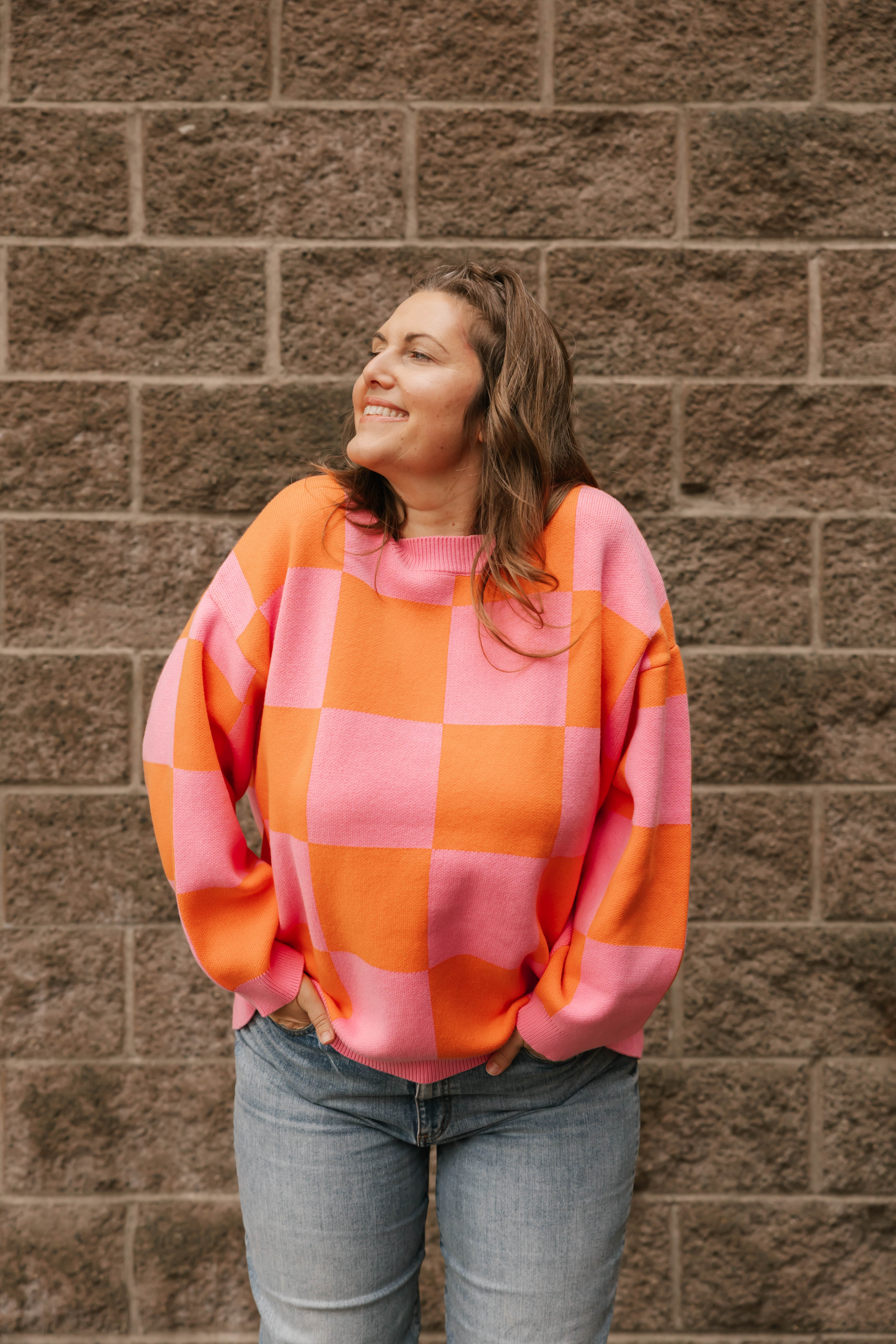 Chrissy Checkered Sweater in Pink/Orange