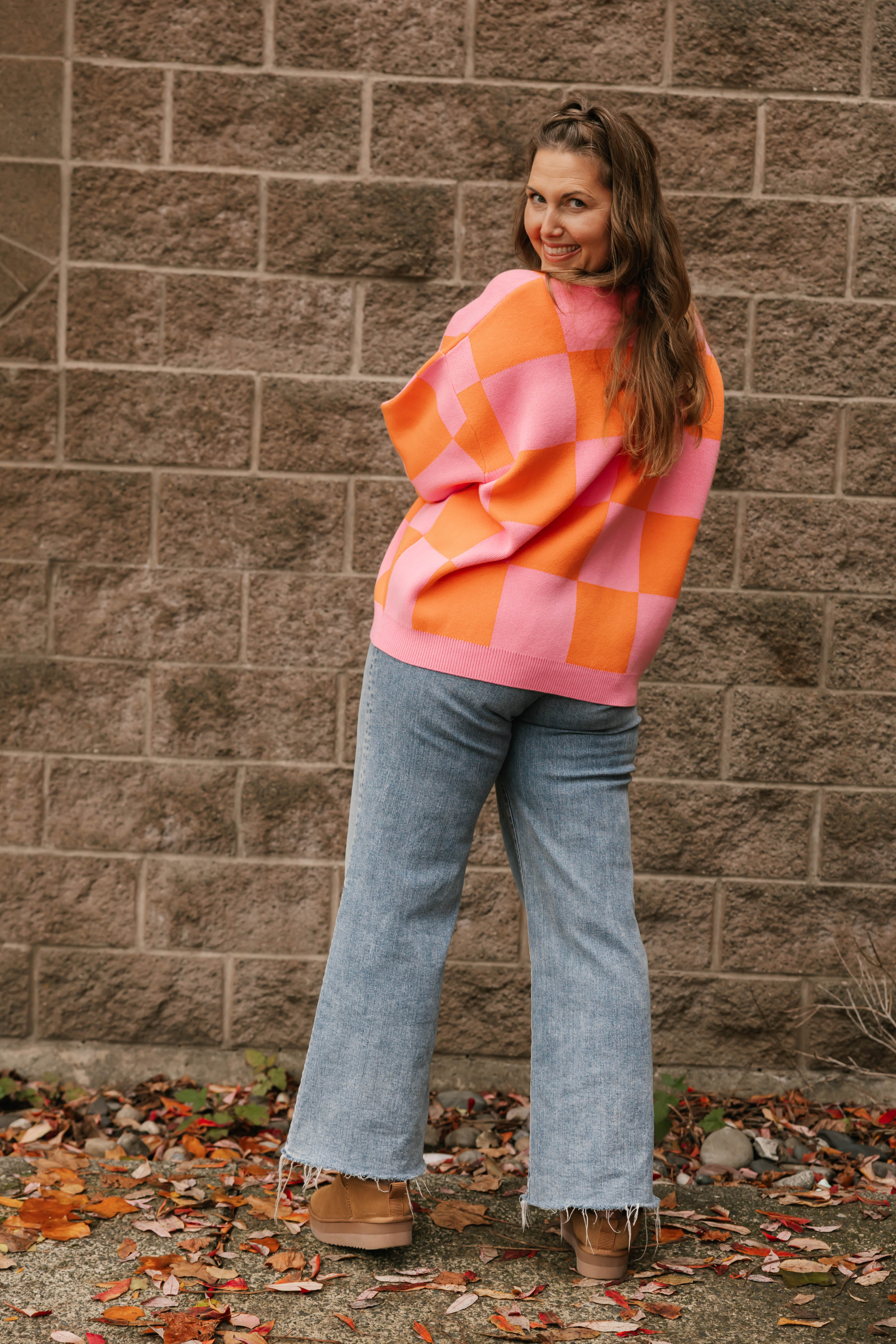 Chrissy Checkered Sweater in Pink/Orange