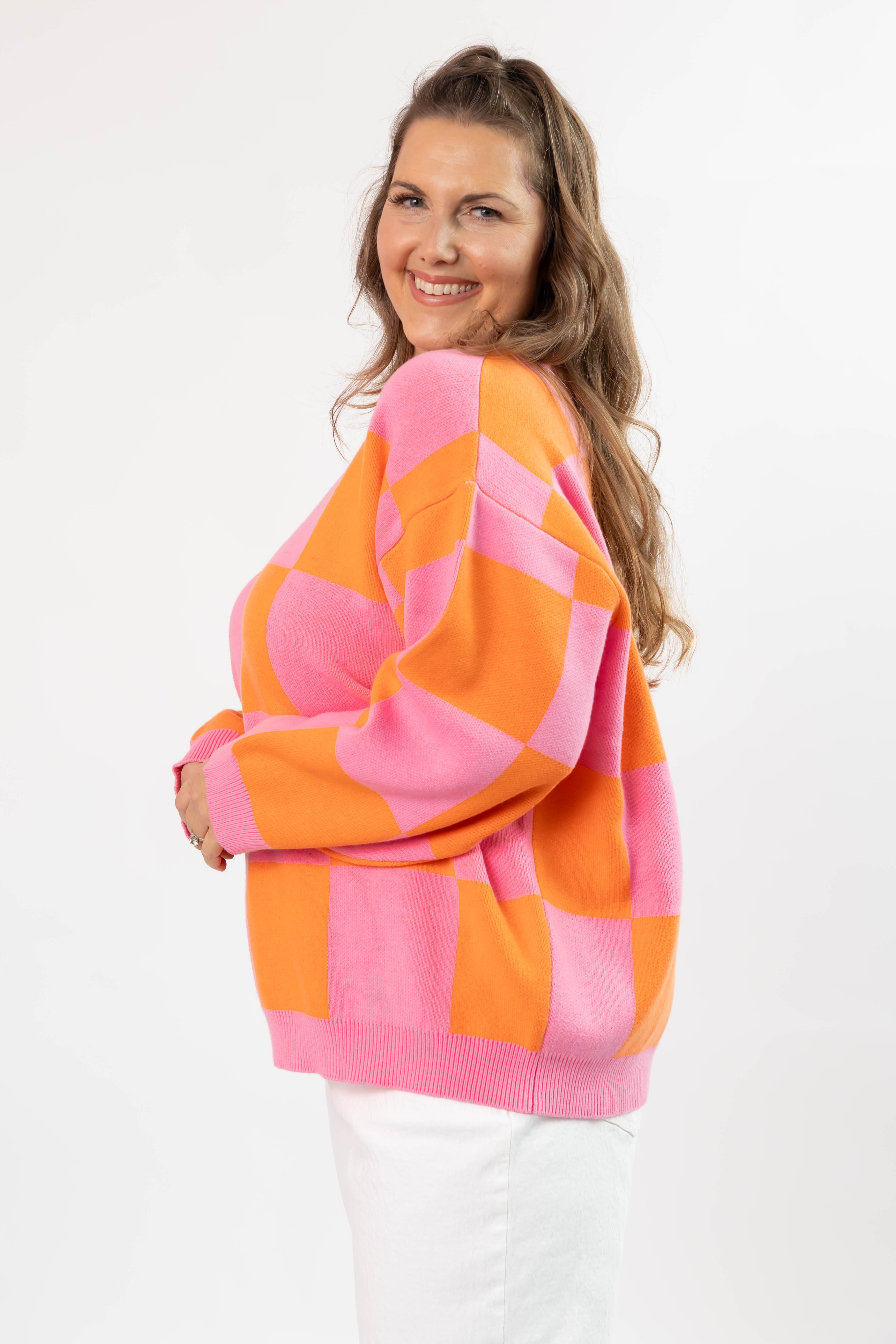 Chrissy Checkered Sweater in Pink/Orange