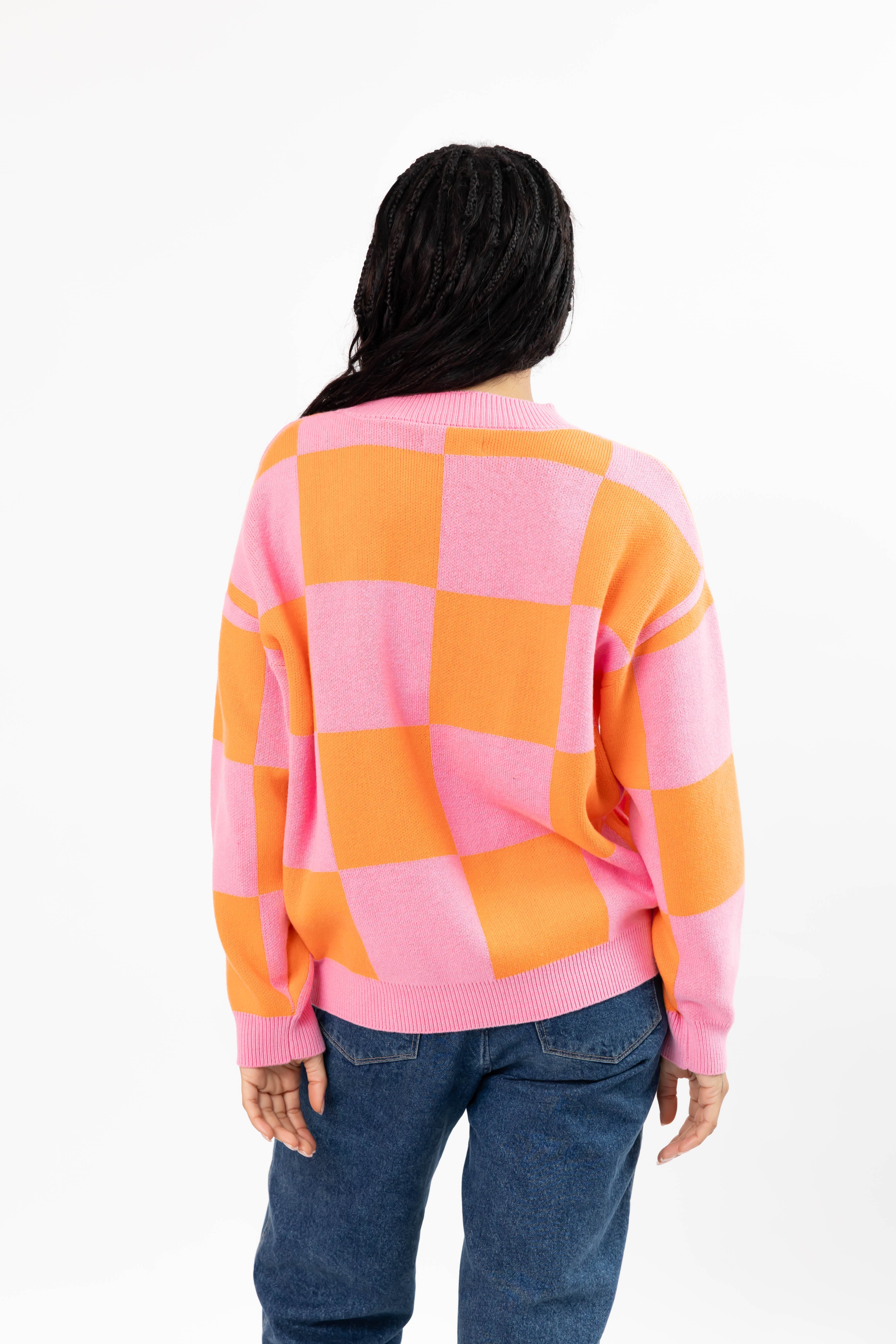 Chrissy Checkered Sweater in Pink/Orange