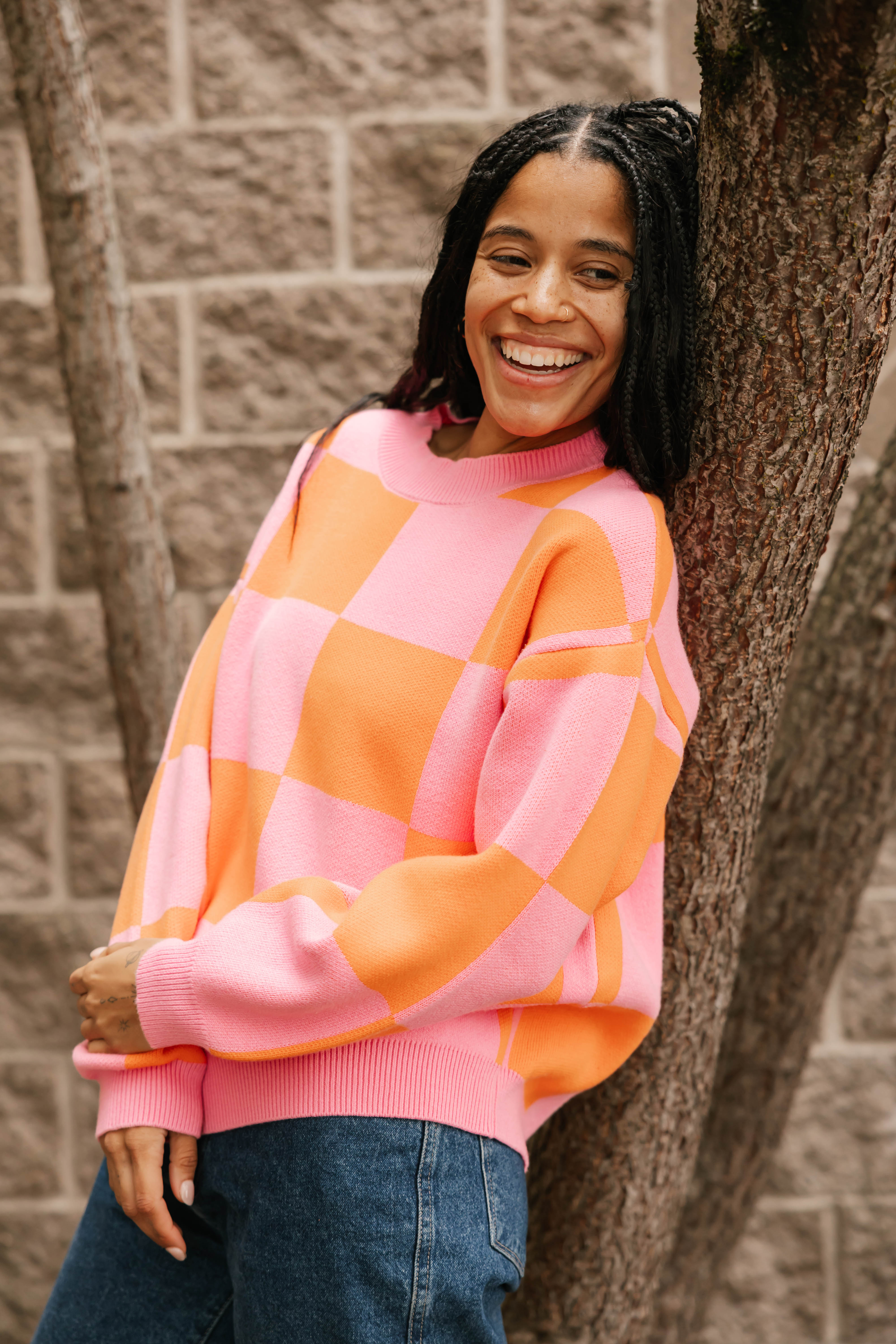 Chrissy Checkered Sweater in Pink/Orange