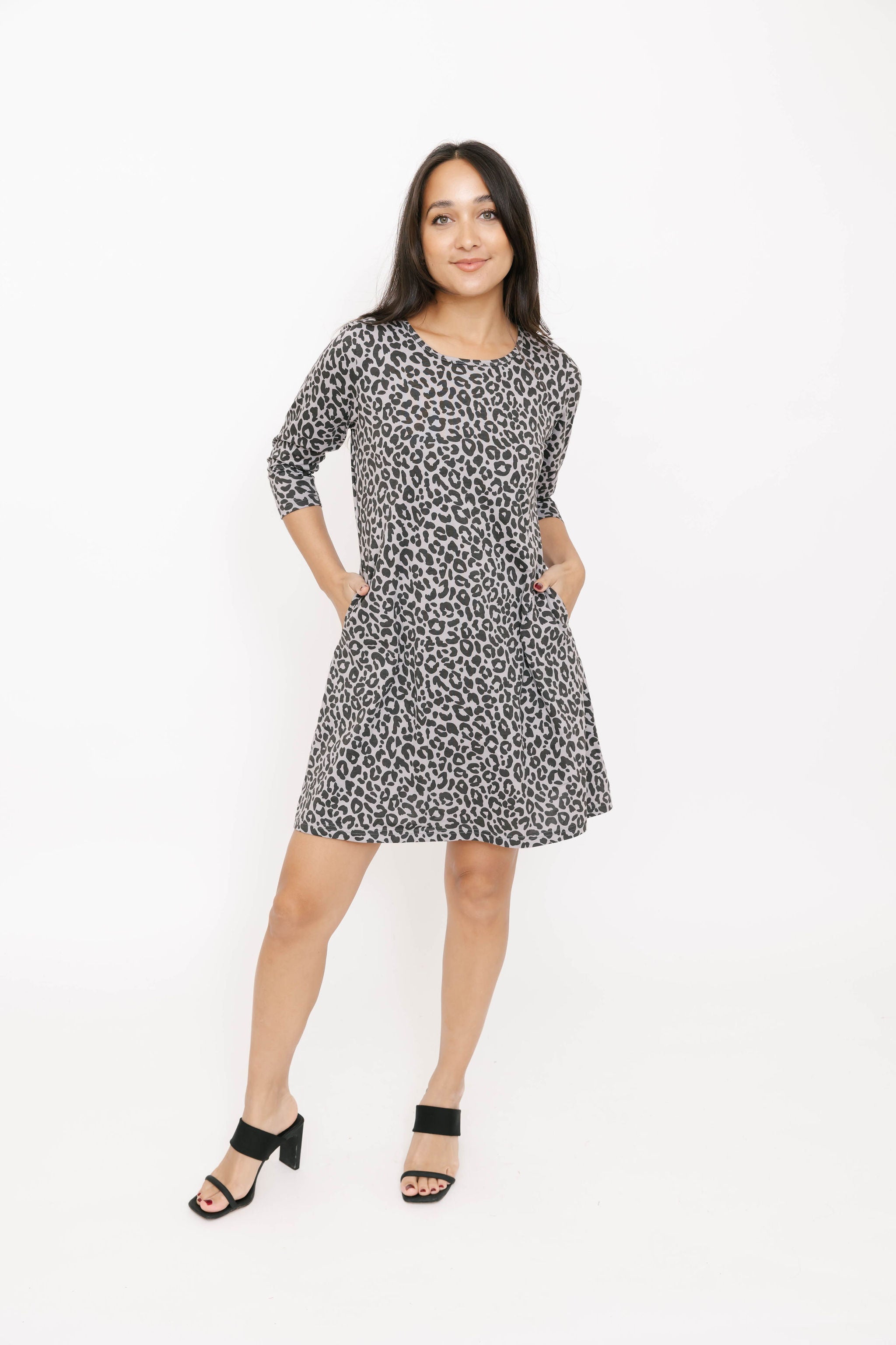 Cleo 3/4 Sleeve Mini Dress in Grey Lola Leopard