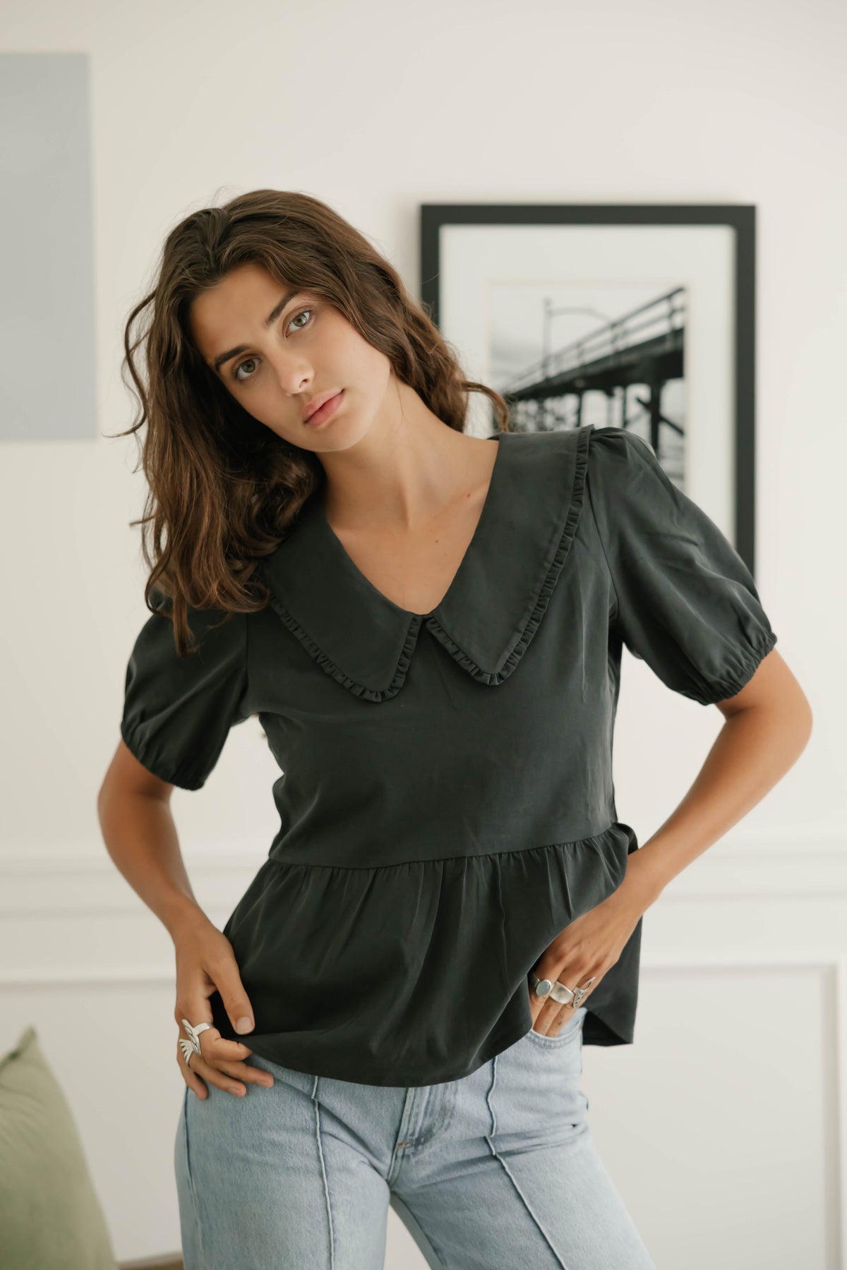 Colette Collared Blouse in Soft Black
