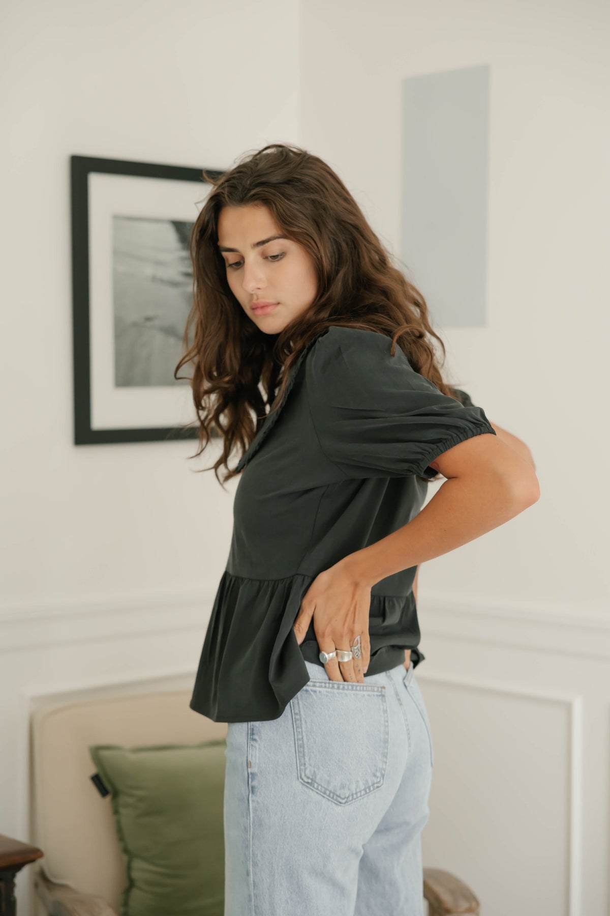 Colette Collared Blouse in Soft Black