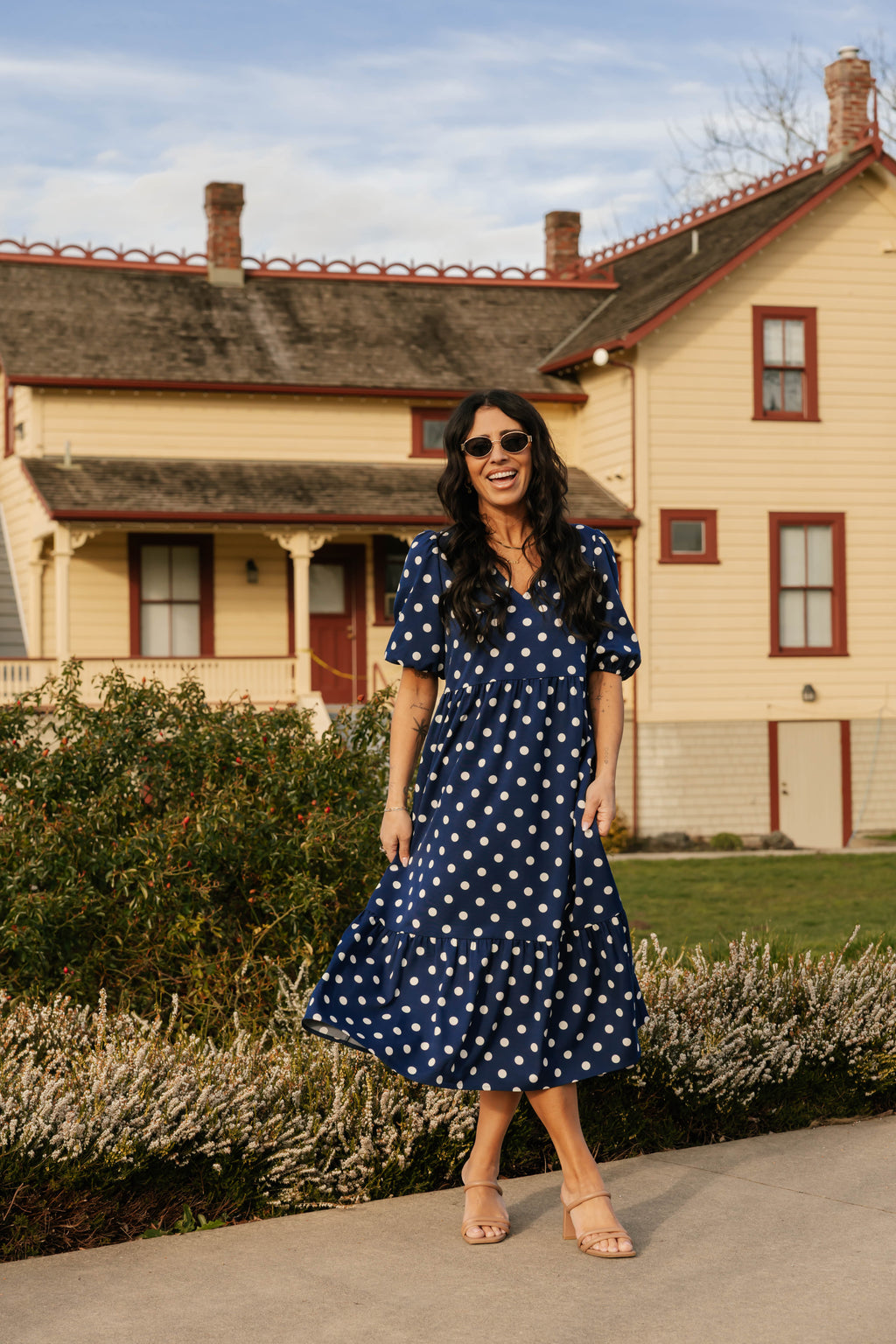 Lucy Polka Dot Midi Dress in Navy Blue – Smash + Tess