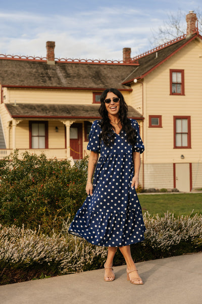 Lucy Polka Dot Midi Dress in Navy Blue  Smash + Tess