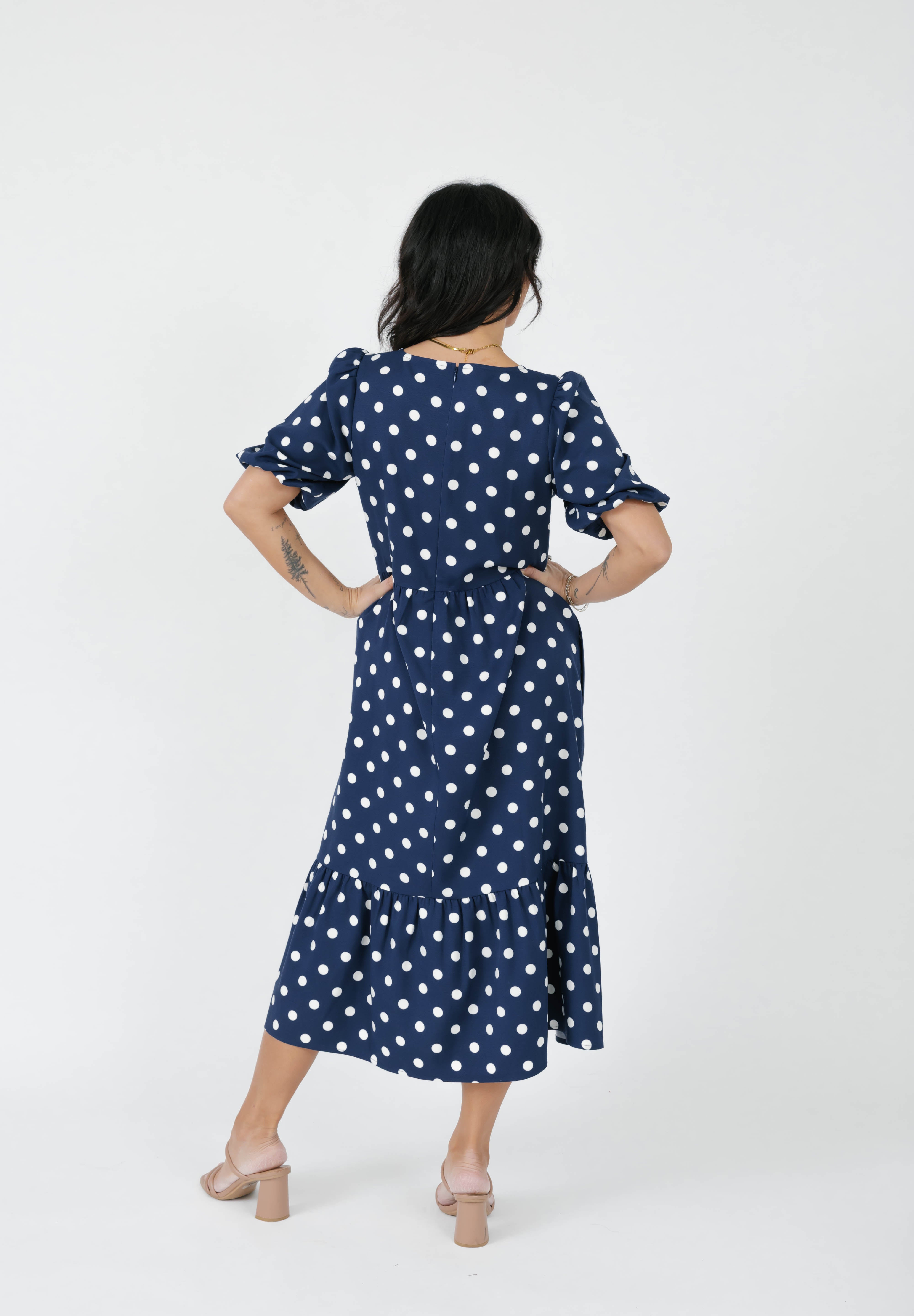 i love lucy blue polka dot dress Lucy Polka Dot Midi Dress in Navy Blue – Smash + Tess