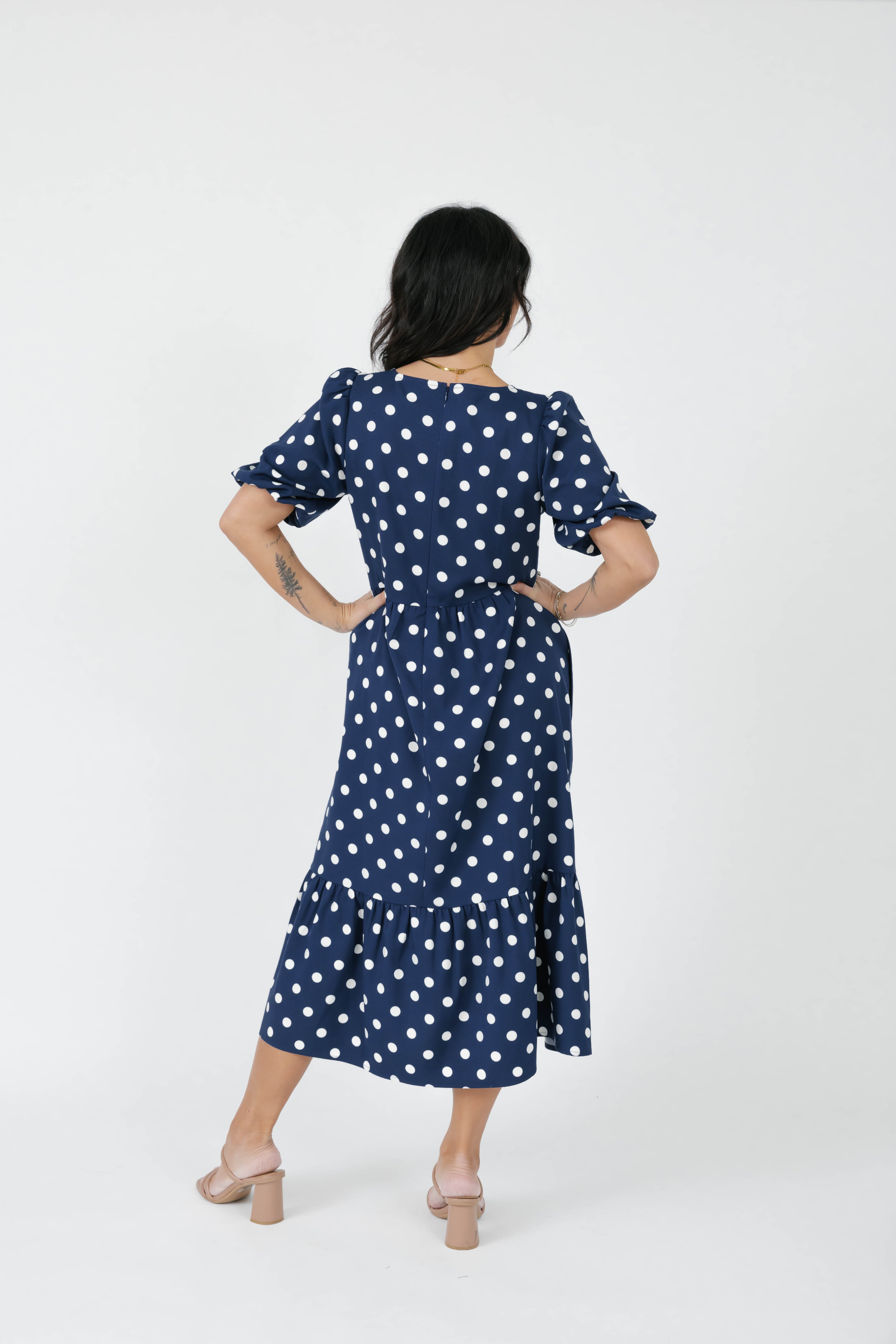 Lucy Polka Dot Midi Dress in Navy Blue