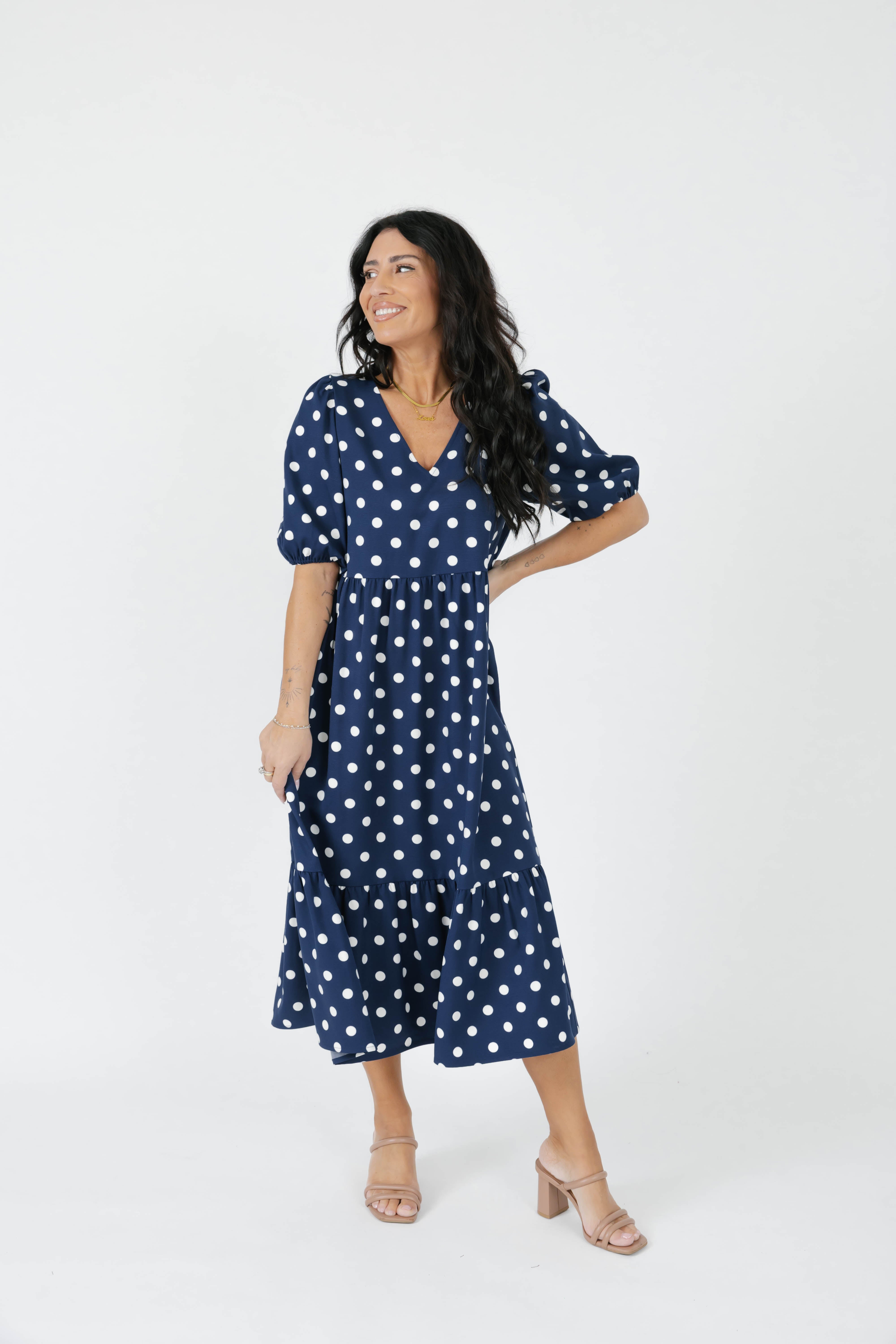 Lucy Polka Dot Midi Dress in Navy Blue