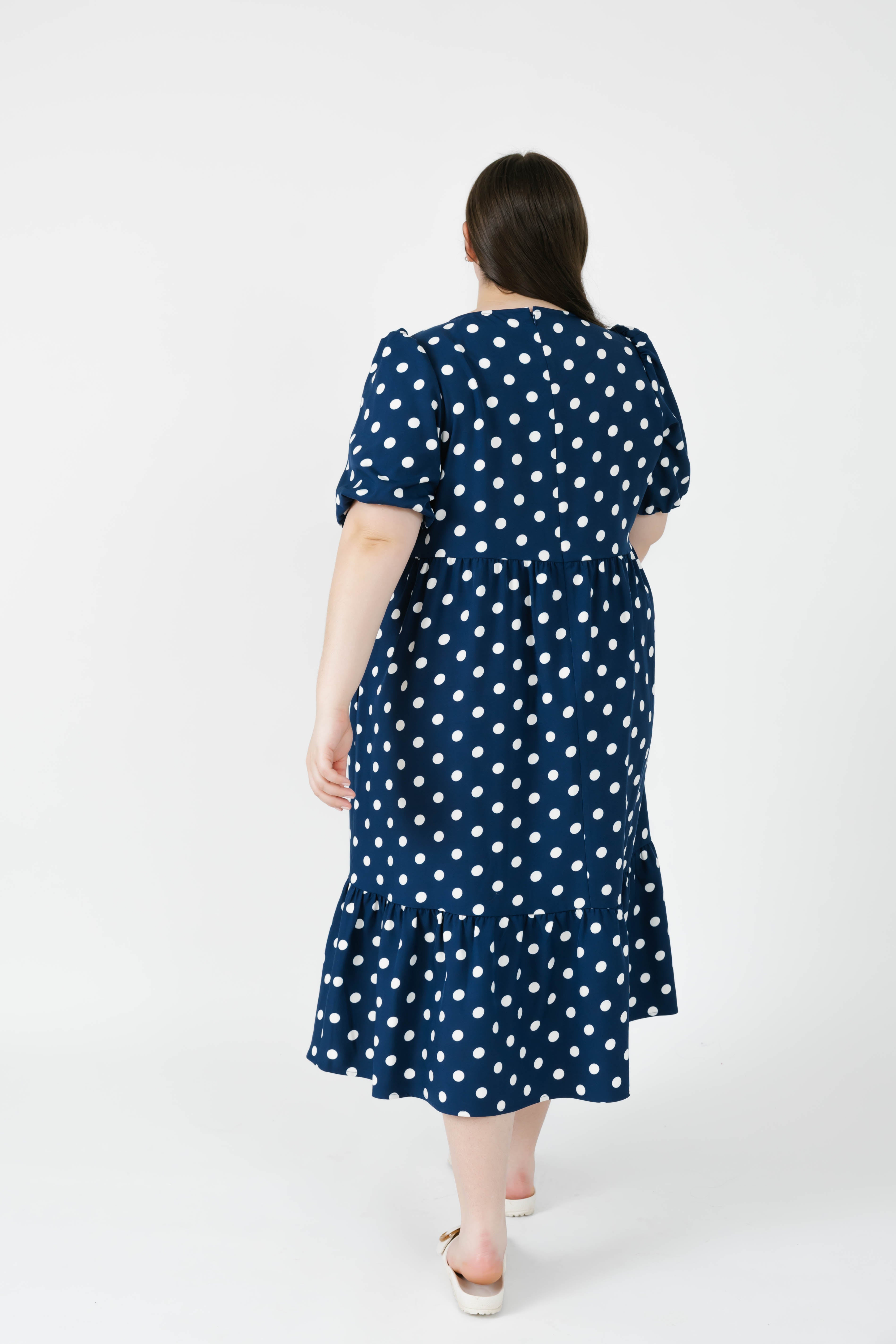 Lucy Polka Dot Midi Dress in Navy Blue