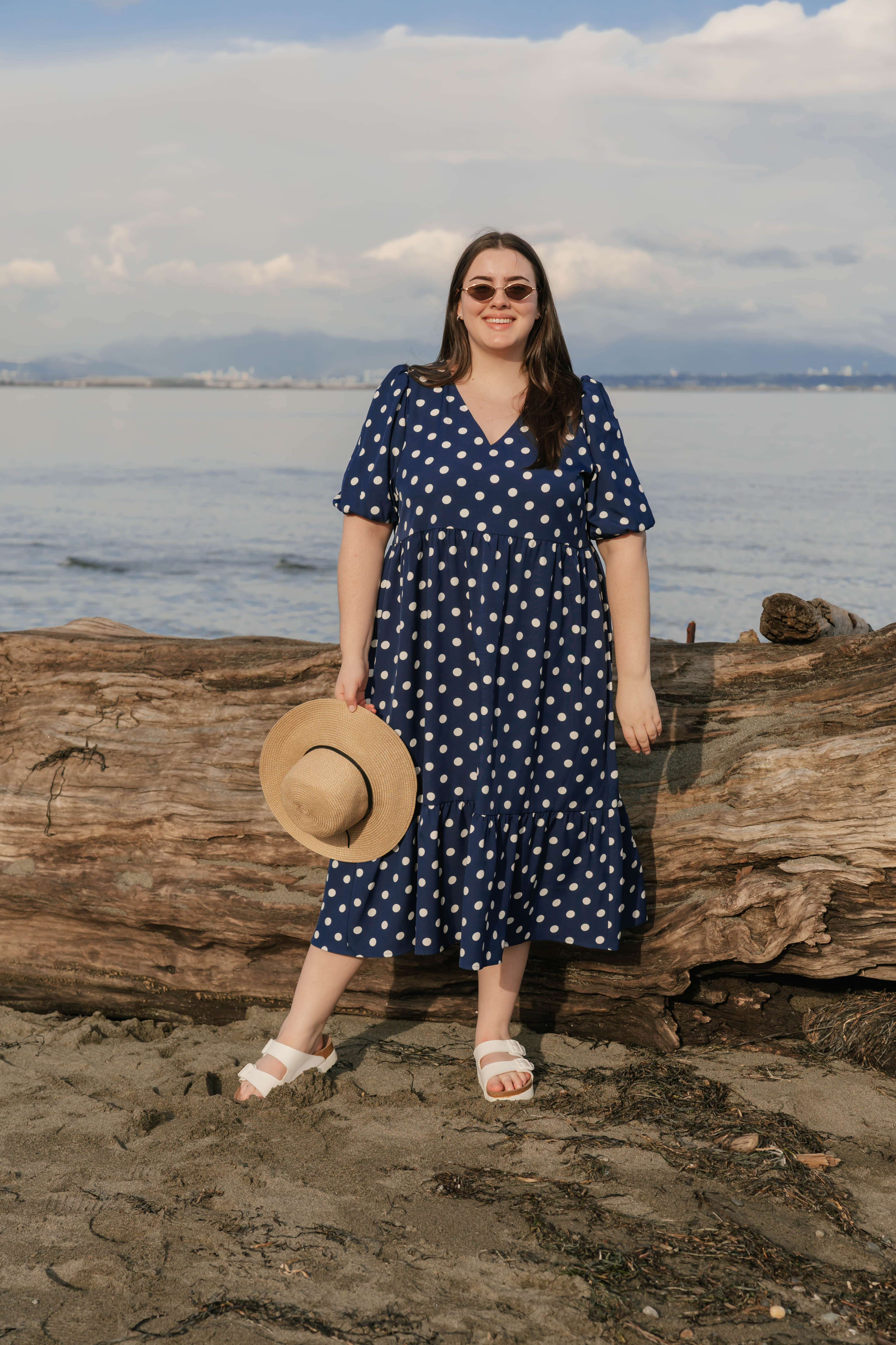 Lucy Polka Dot Midi Dress in Navy Blue
