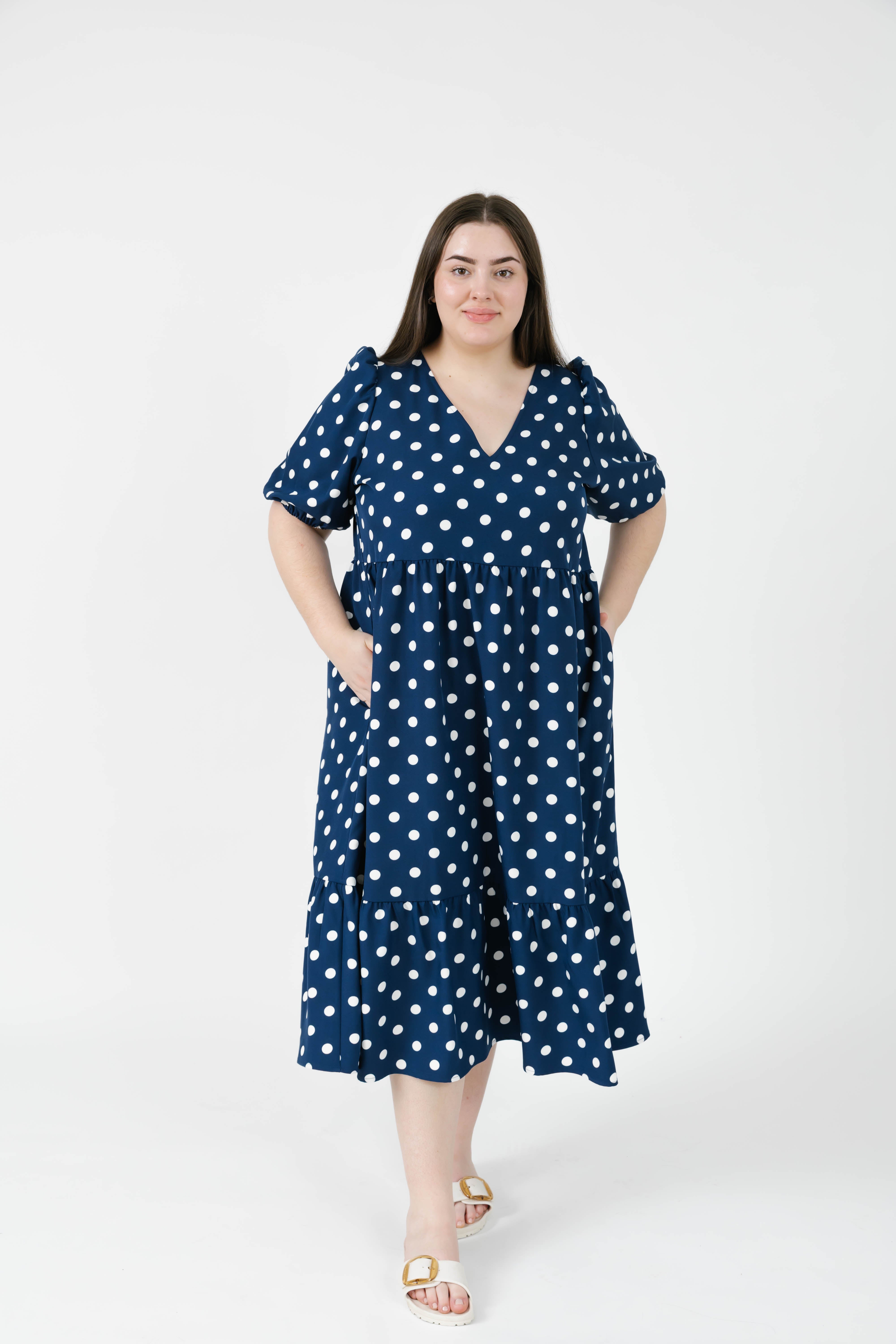 Lucy Polka Dot Midi Dress in Navy Blue