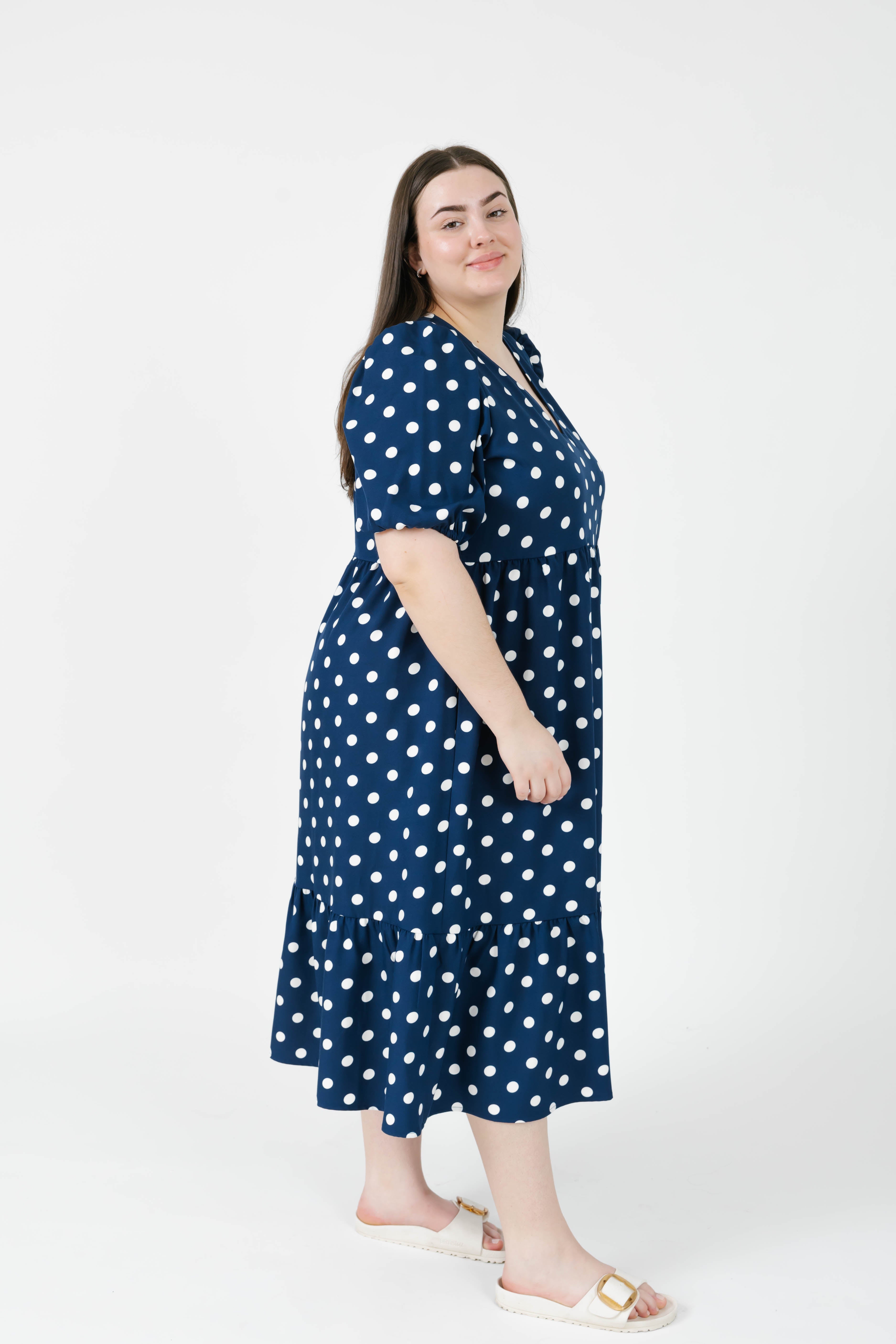 Lucy Polka Dot Midi Dress in Navy Blue