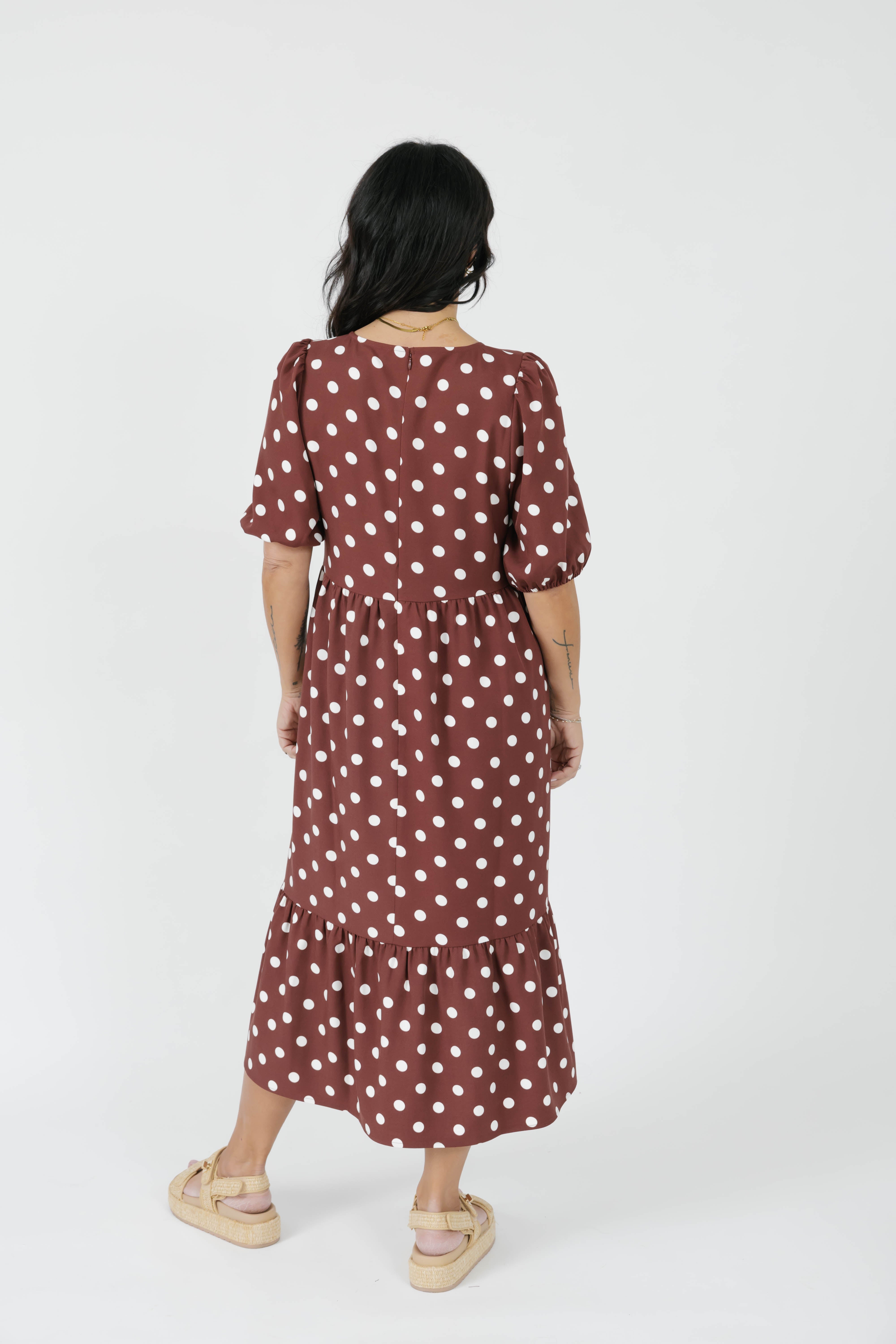 Lucy Polka Dot Midi Dress in Warm Brown – Smash + Tess