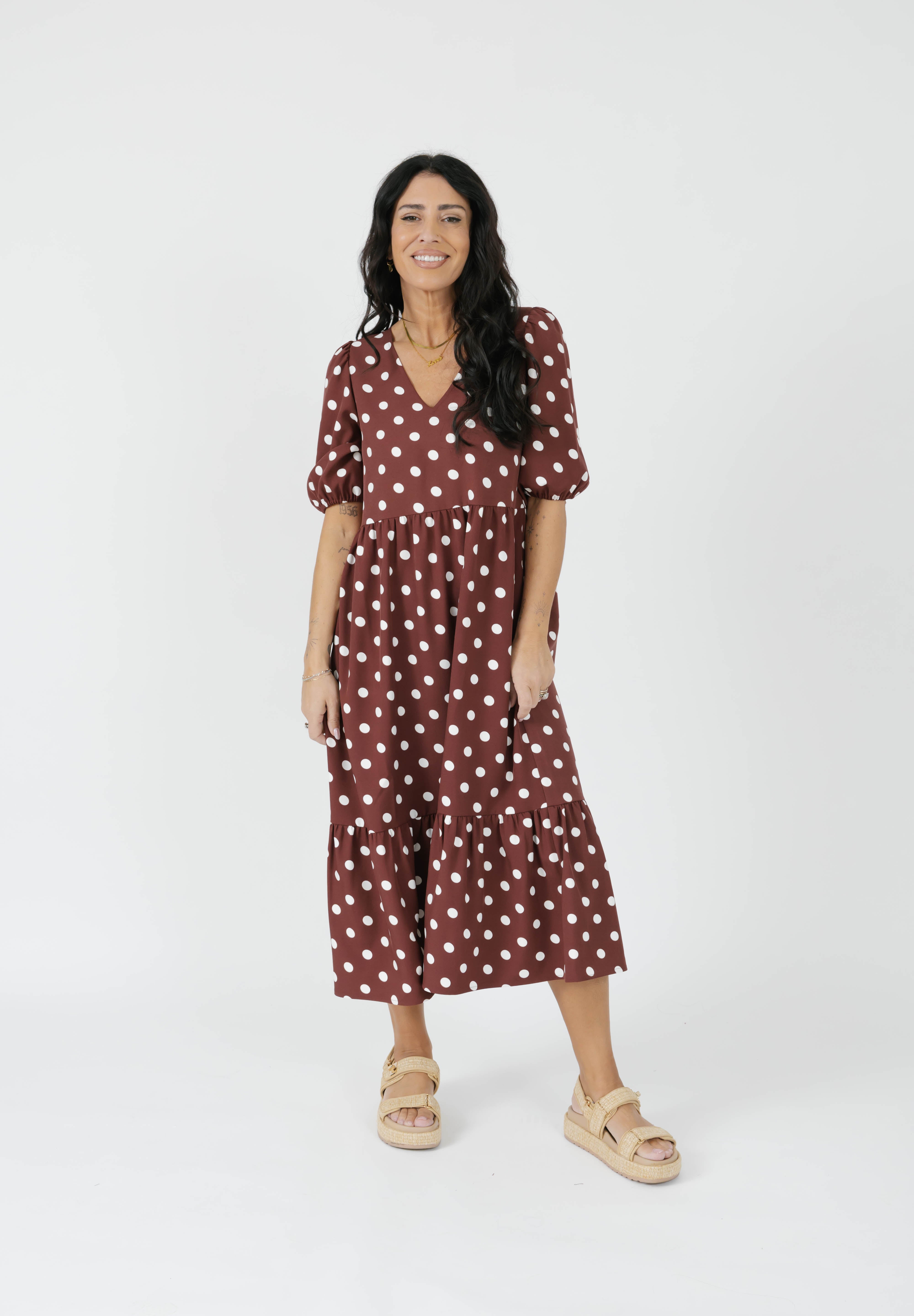Lucy Polka Dot Midi Dress in Warm Brown – Smash + Tess