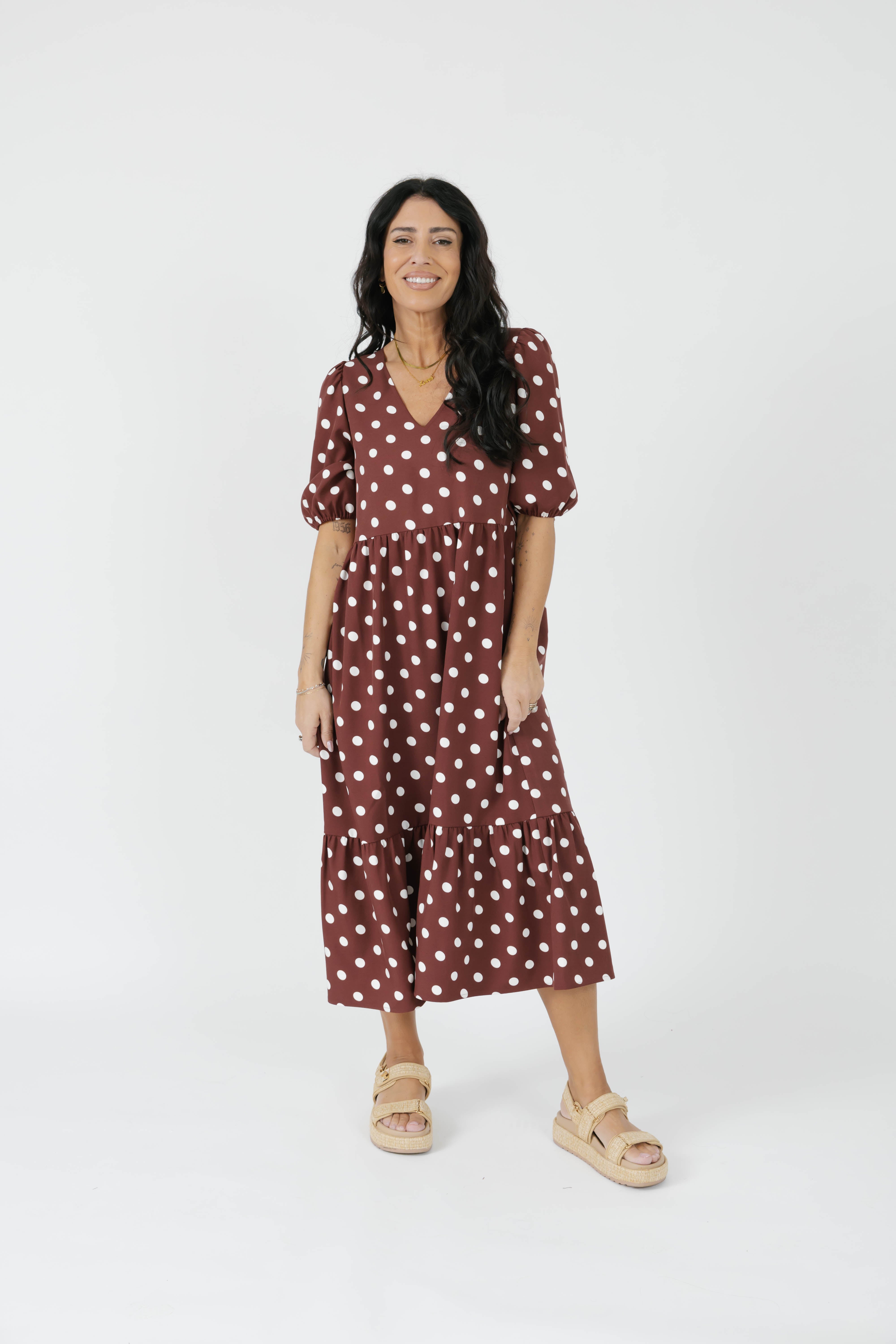 Lucy Polka Dot Midi Dress in Warm Brown
