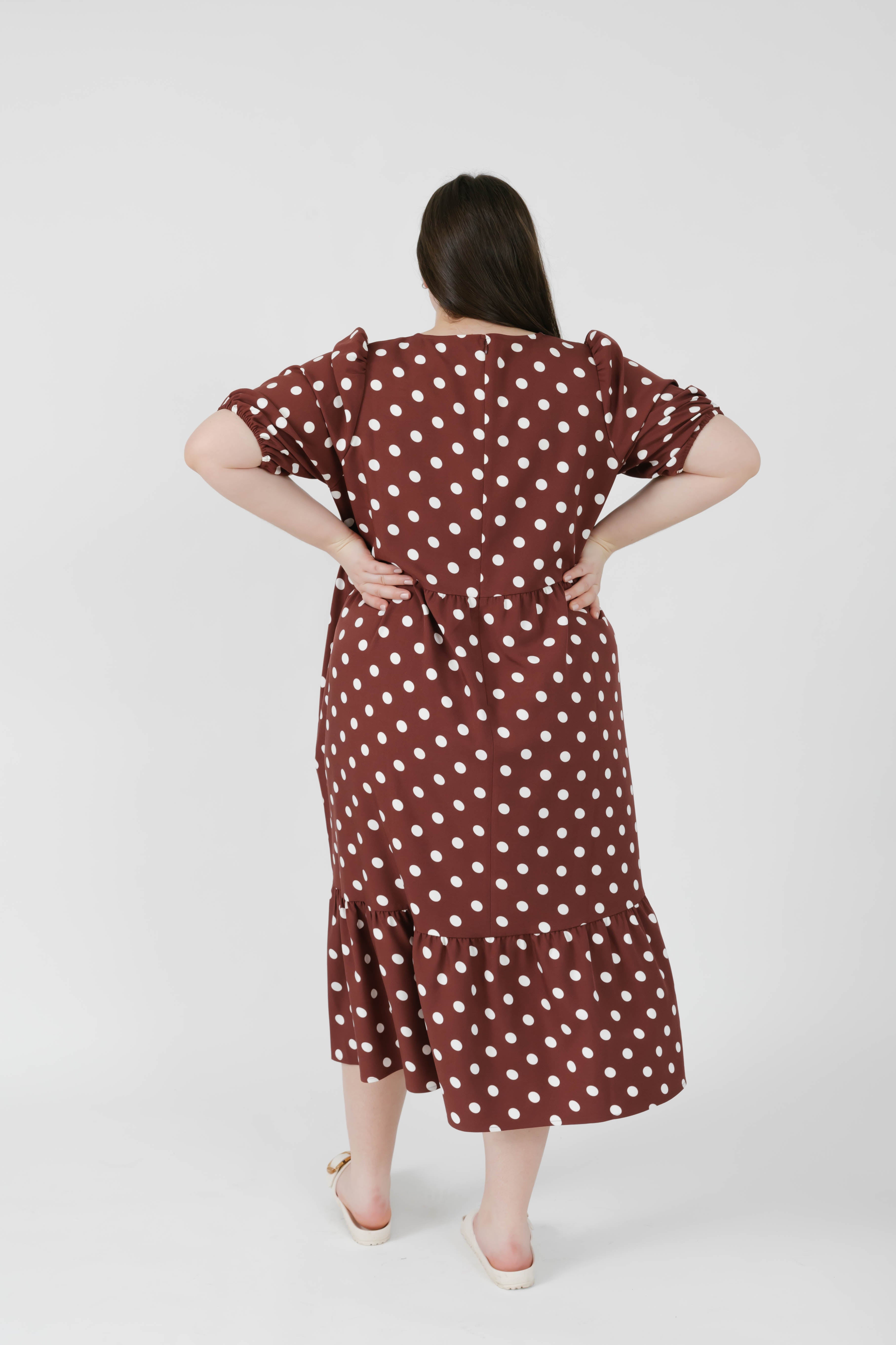 Lucy Polka Dot Midi Dress in Warm Brown