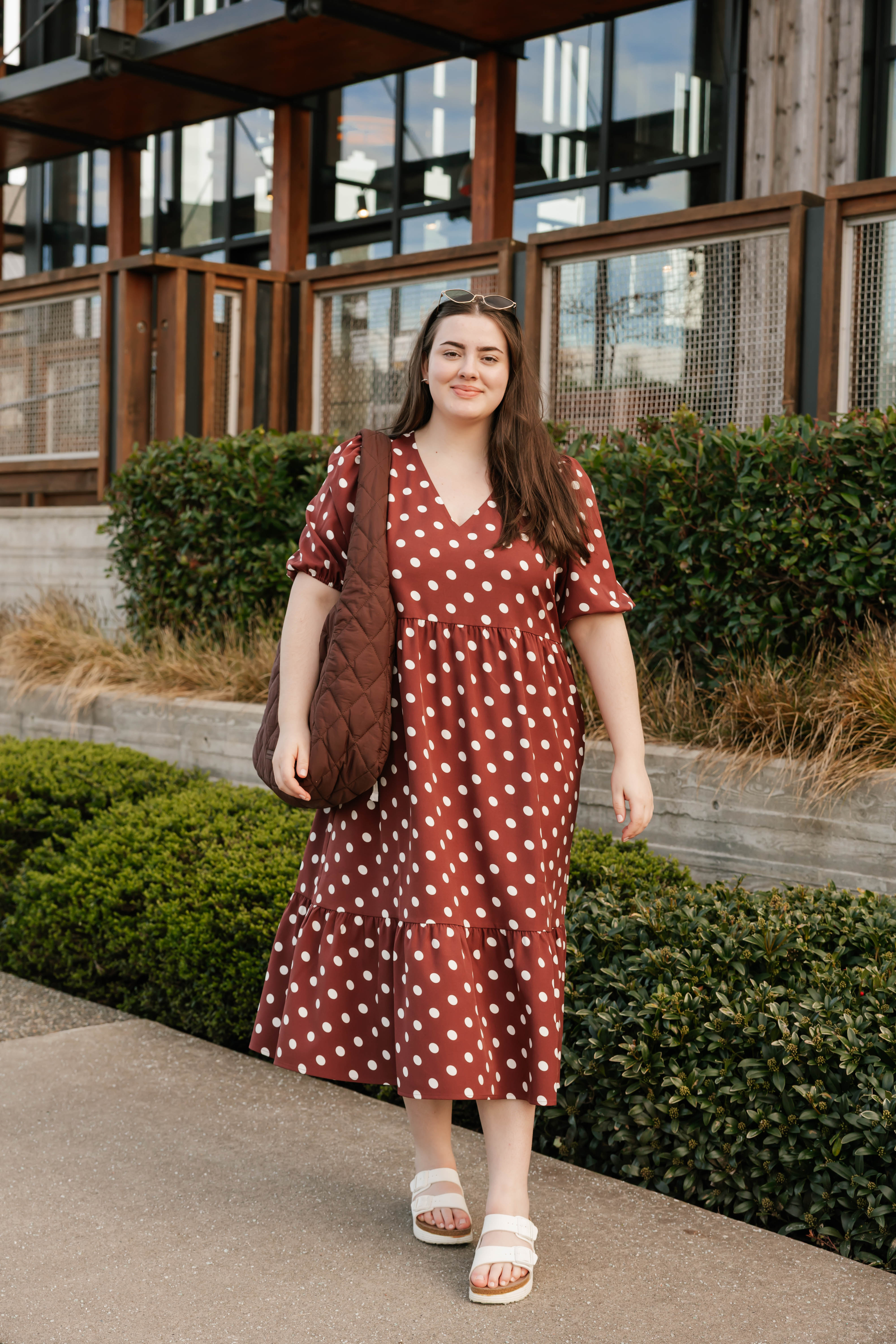 Lucy Polka Dot Midi Dress in Warm Brown
