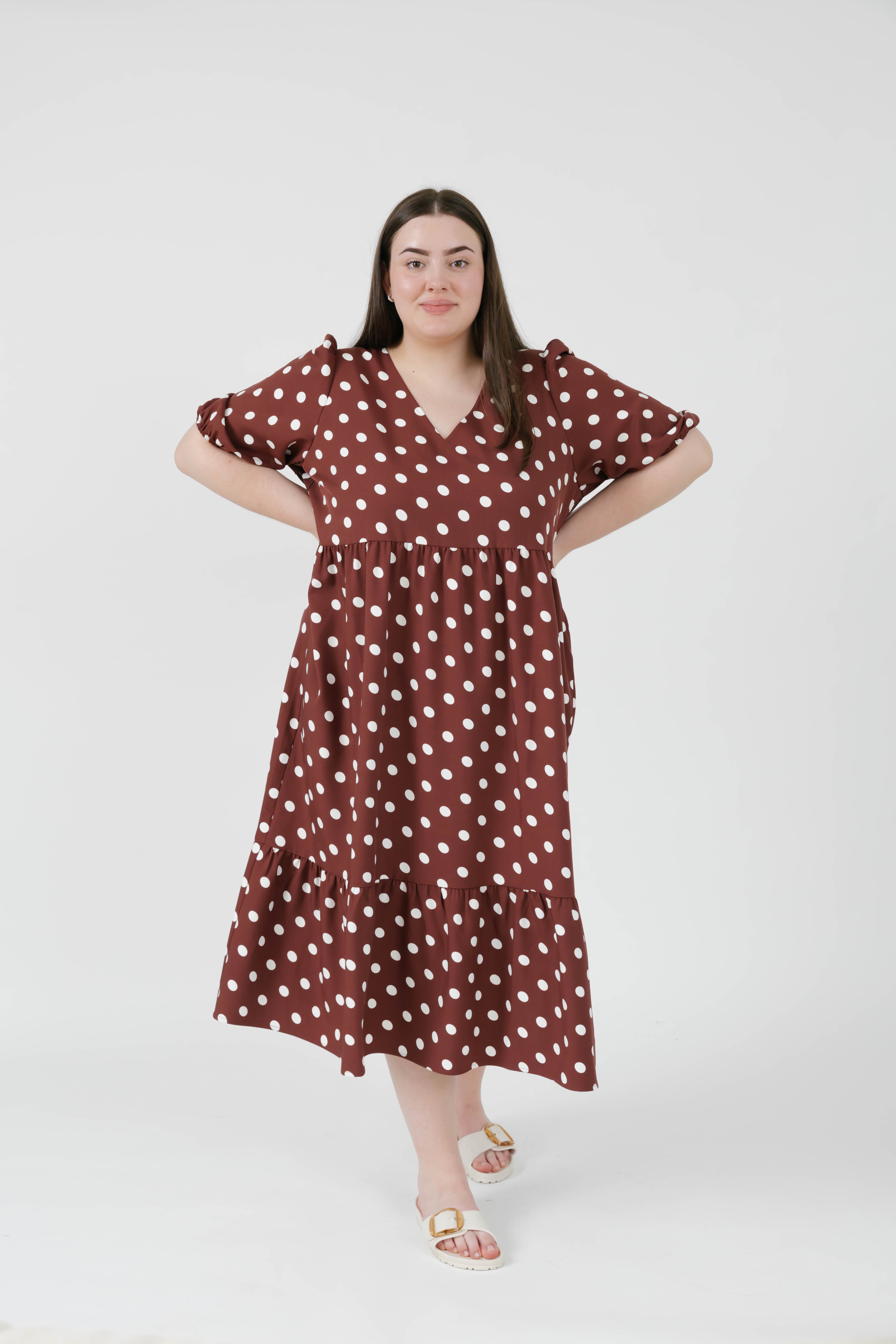 Lucy Polka Dot Midi Dress in Warm Brown