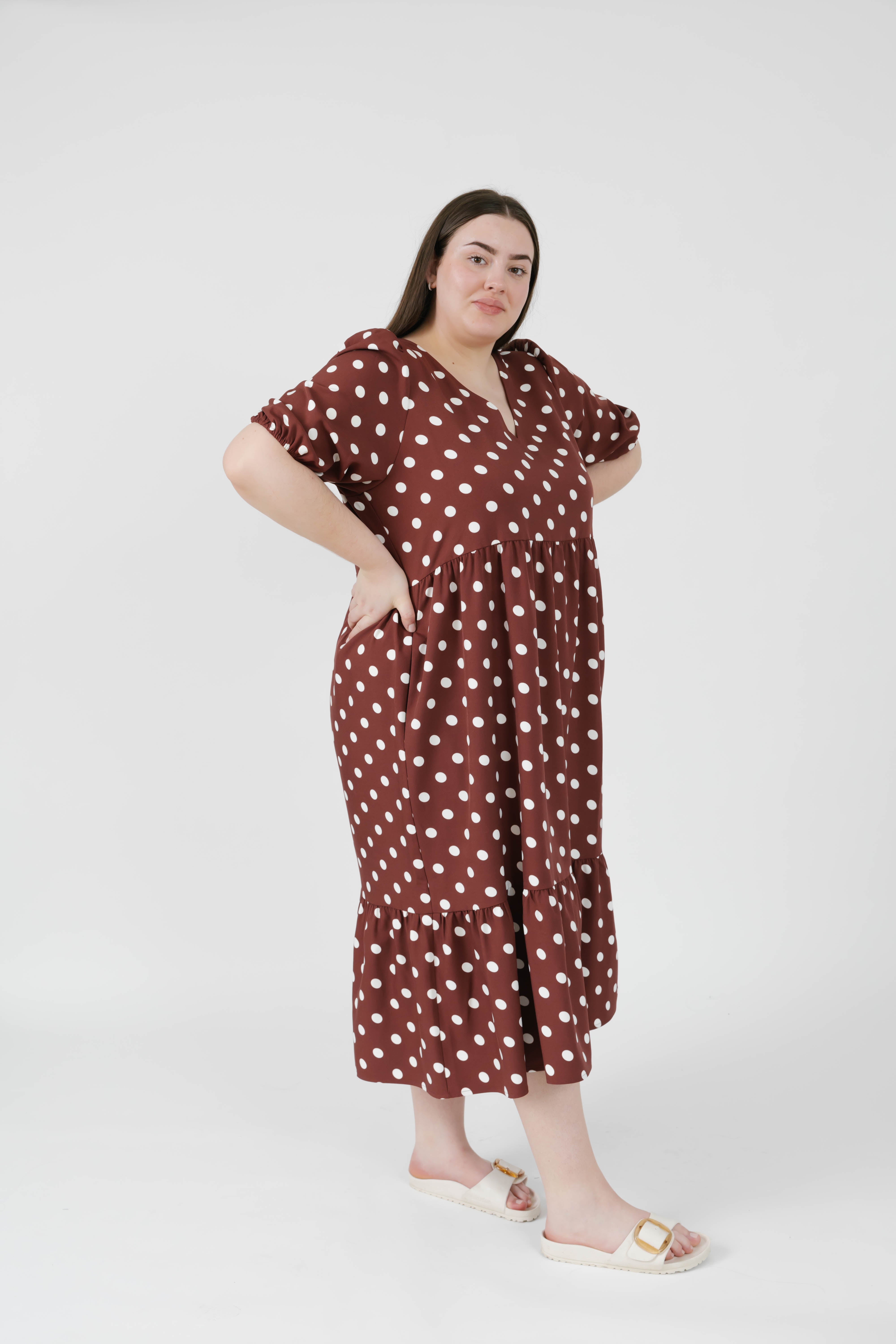 Lucy Polka Dot Midi Dress in Warm Brown – Smash + Tess