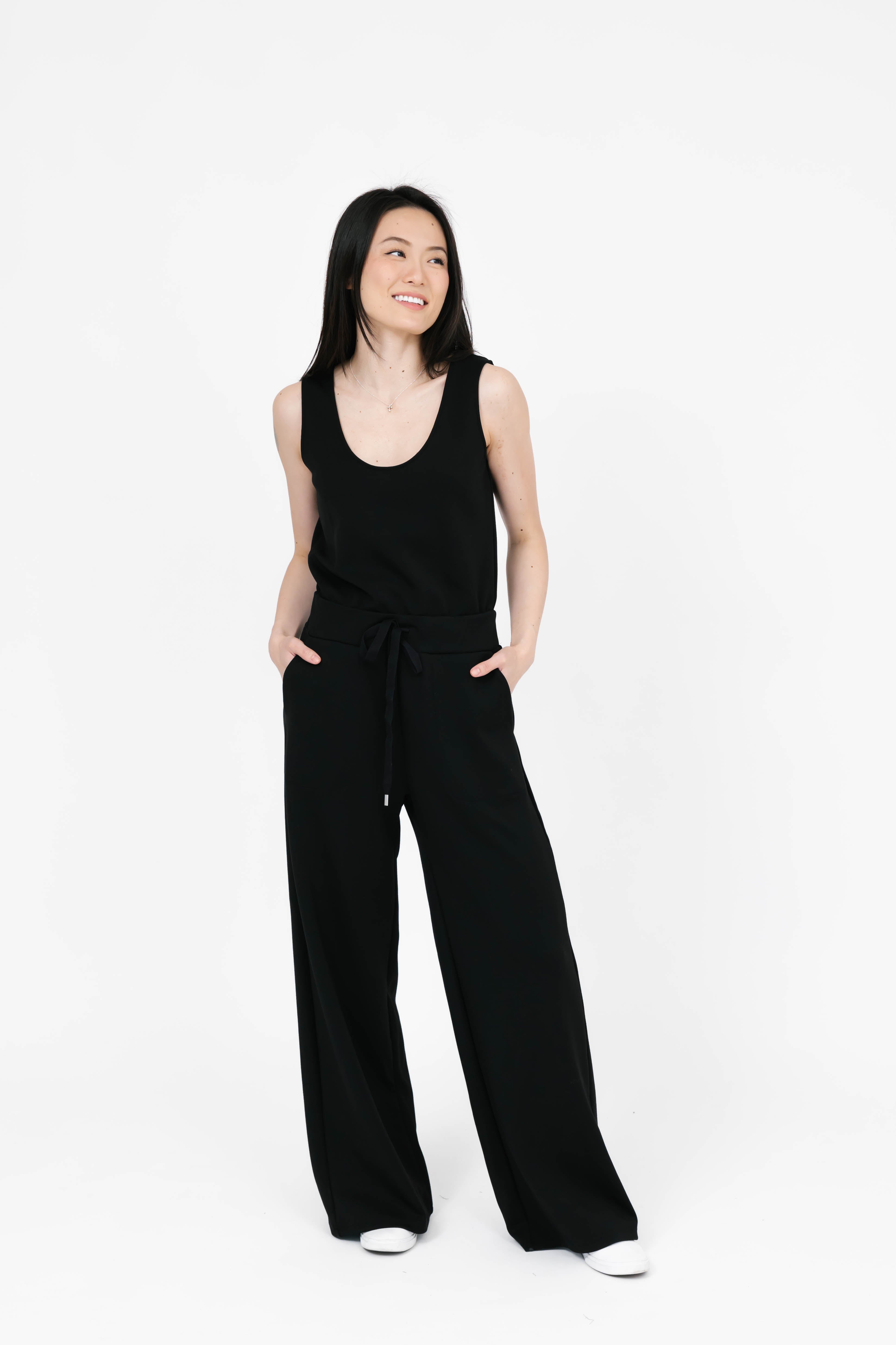 Drew Microscuba Wide Leg Romper in Midnight Black