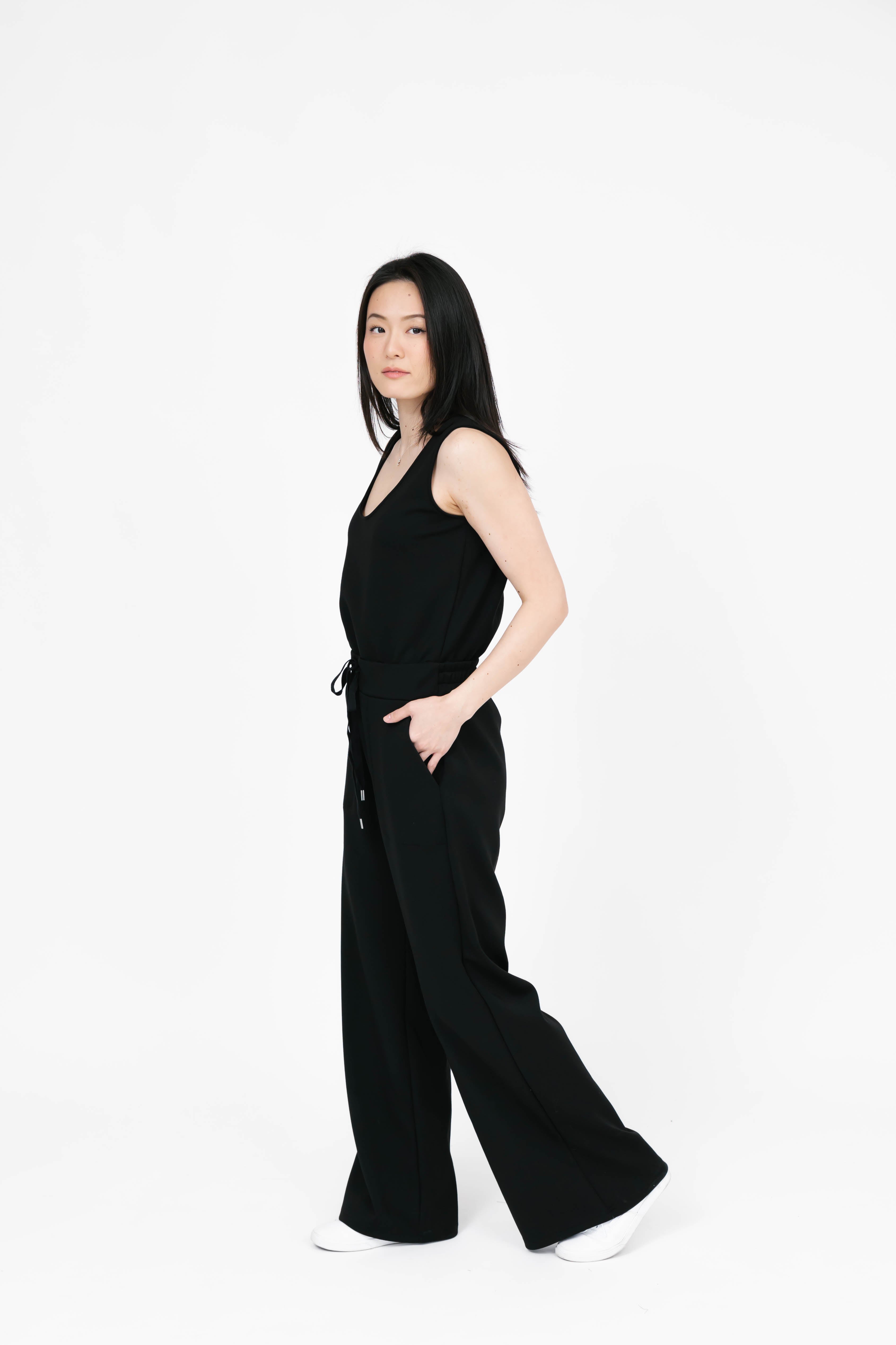 Drew Microscuba Wide Leg Romper in Midnight Black