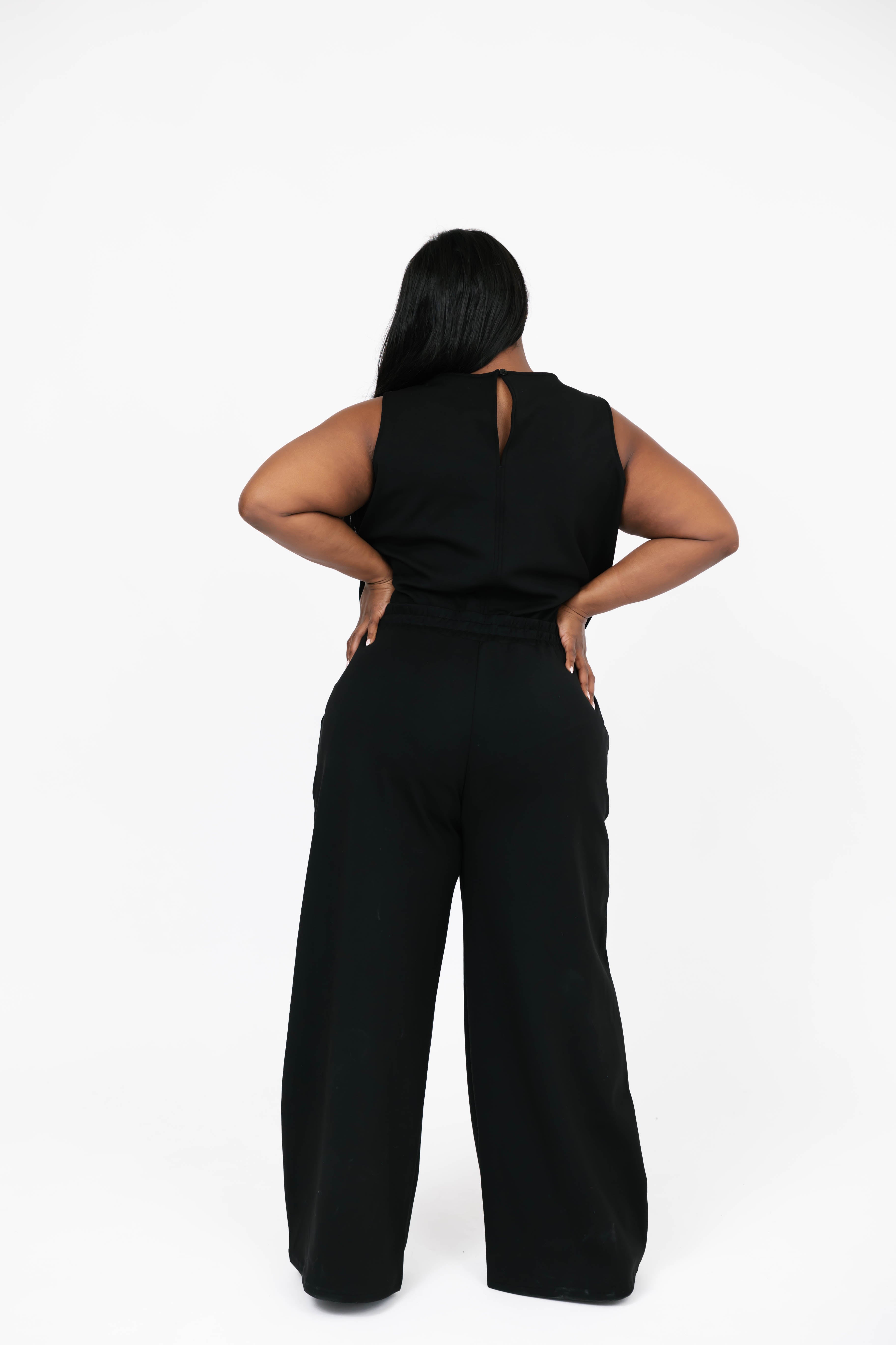 Drew Microscuba Wide Leg Romper in Midnight Black