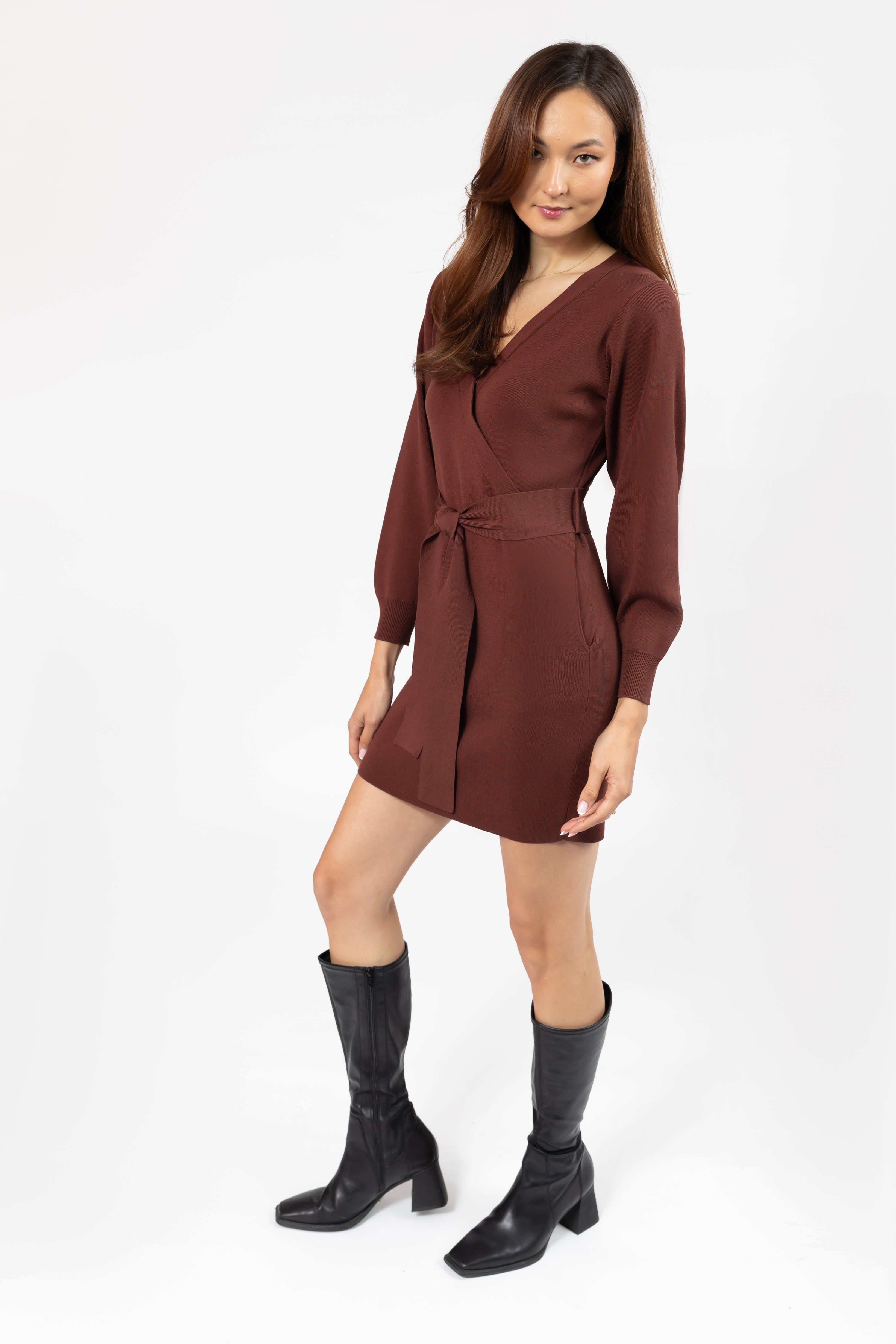 Elena Knit Mini Dress in Caramel Brown