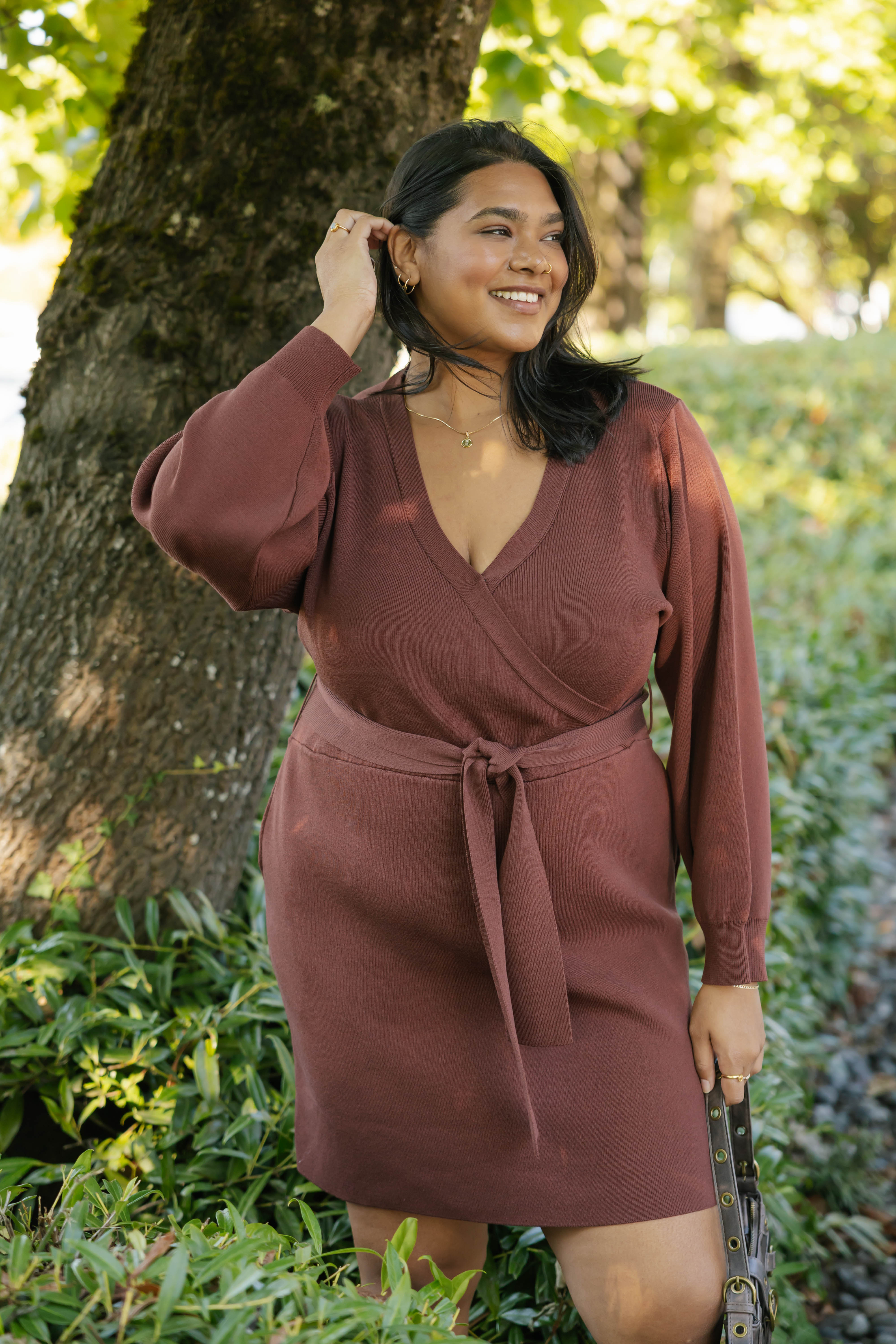 Elena Knit Mini Dress in Caramel Brown