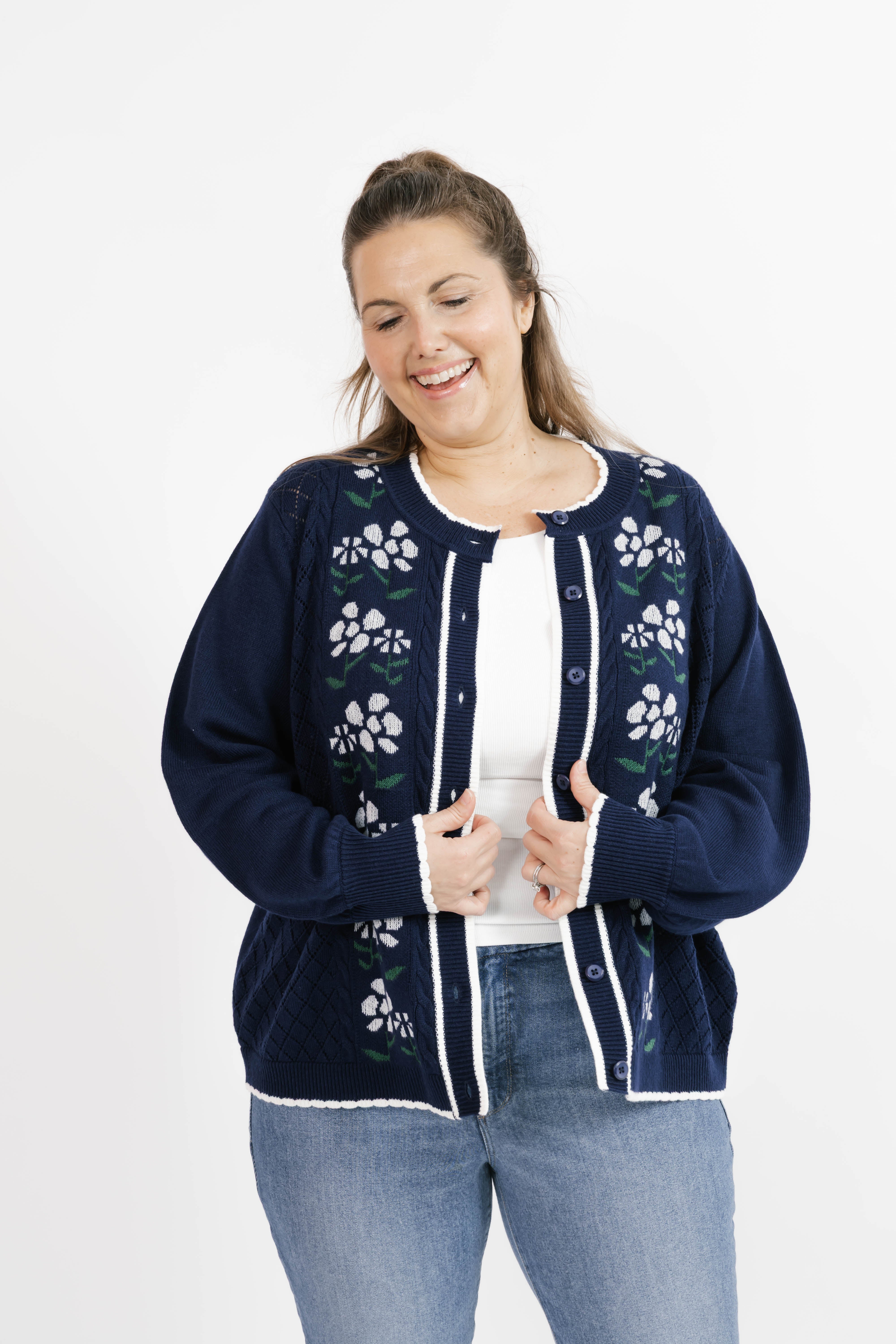 Cottage Core Floral Cardigan in Vintage Navy