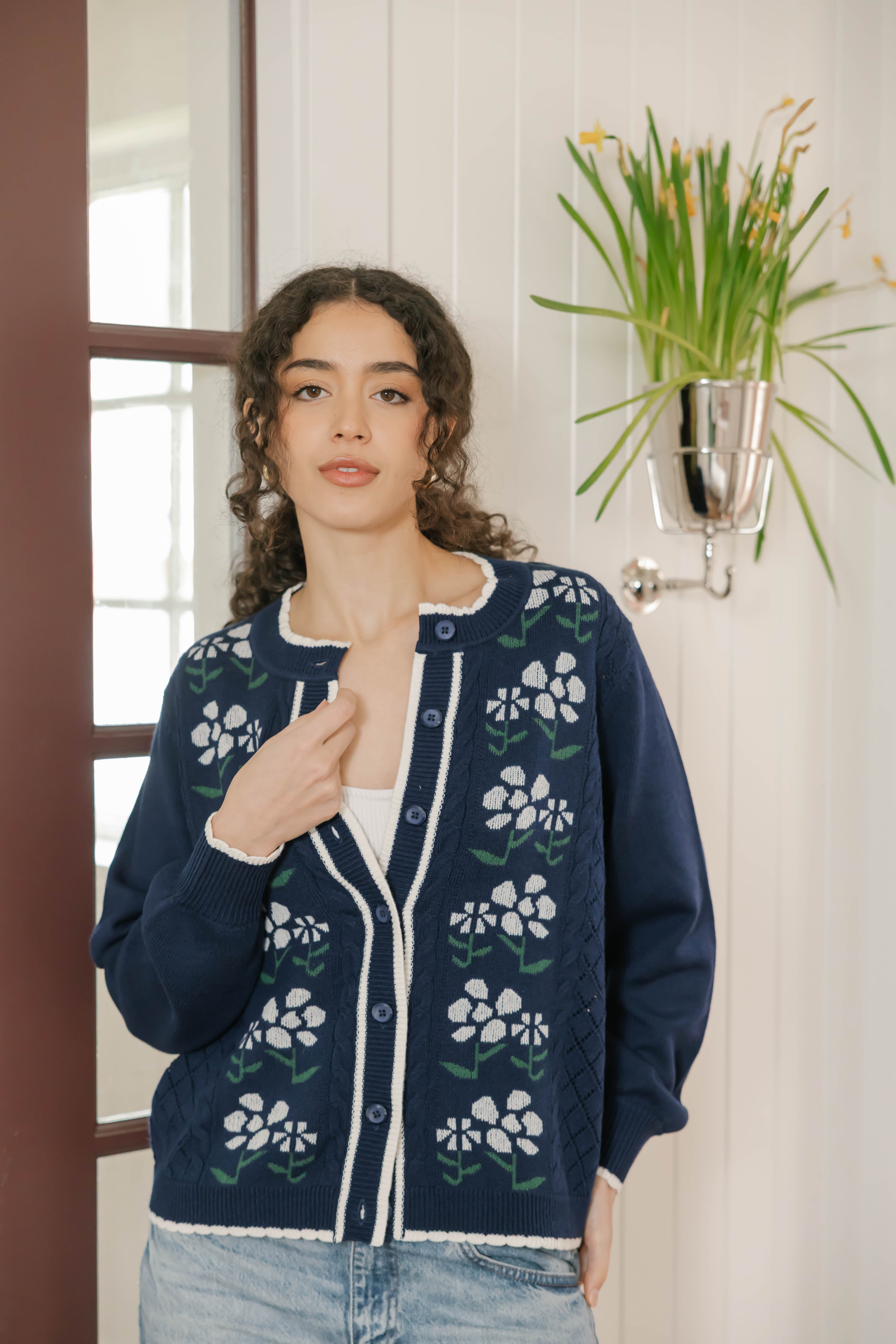 Cottage Core Floral Cardigan in Vintage Navy
