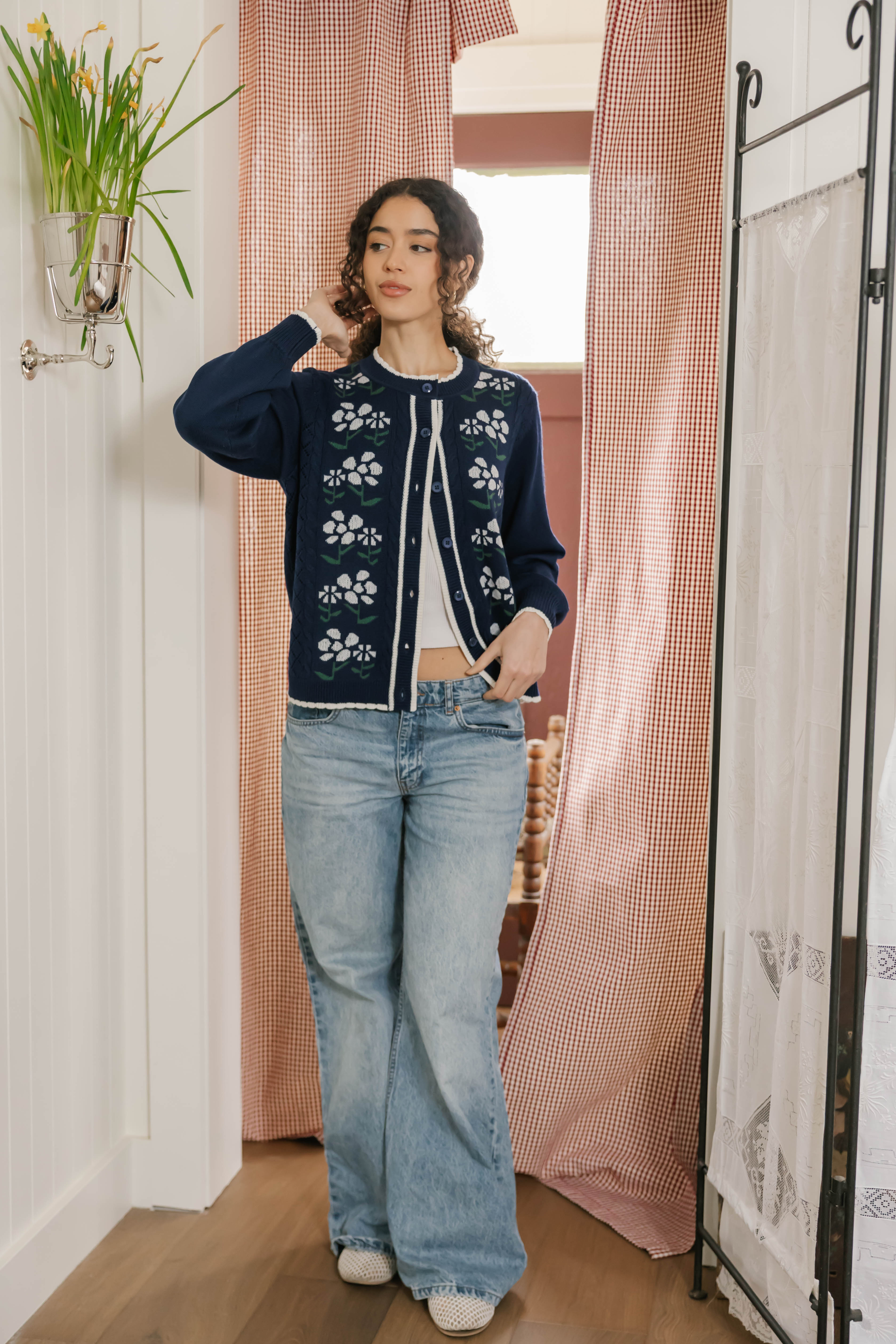 Cottage Core Floral Cardigan in Vintage Navy