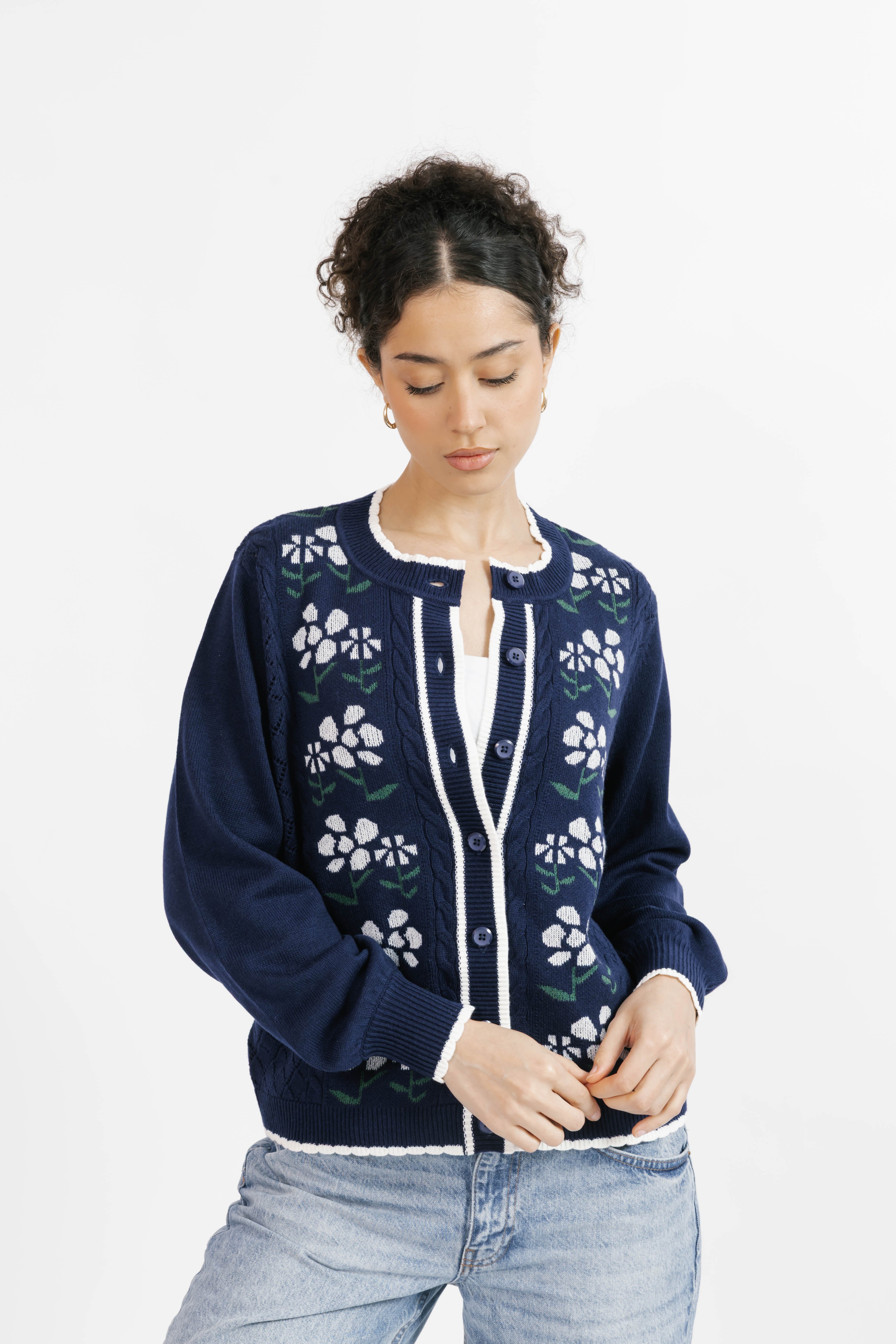 Cottage Core Floral Cardigan in Vintage Navy