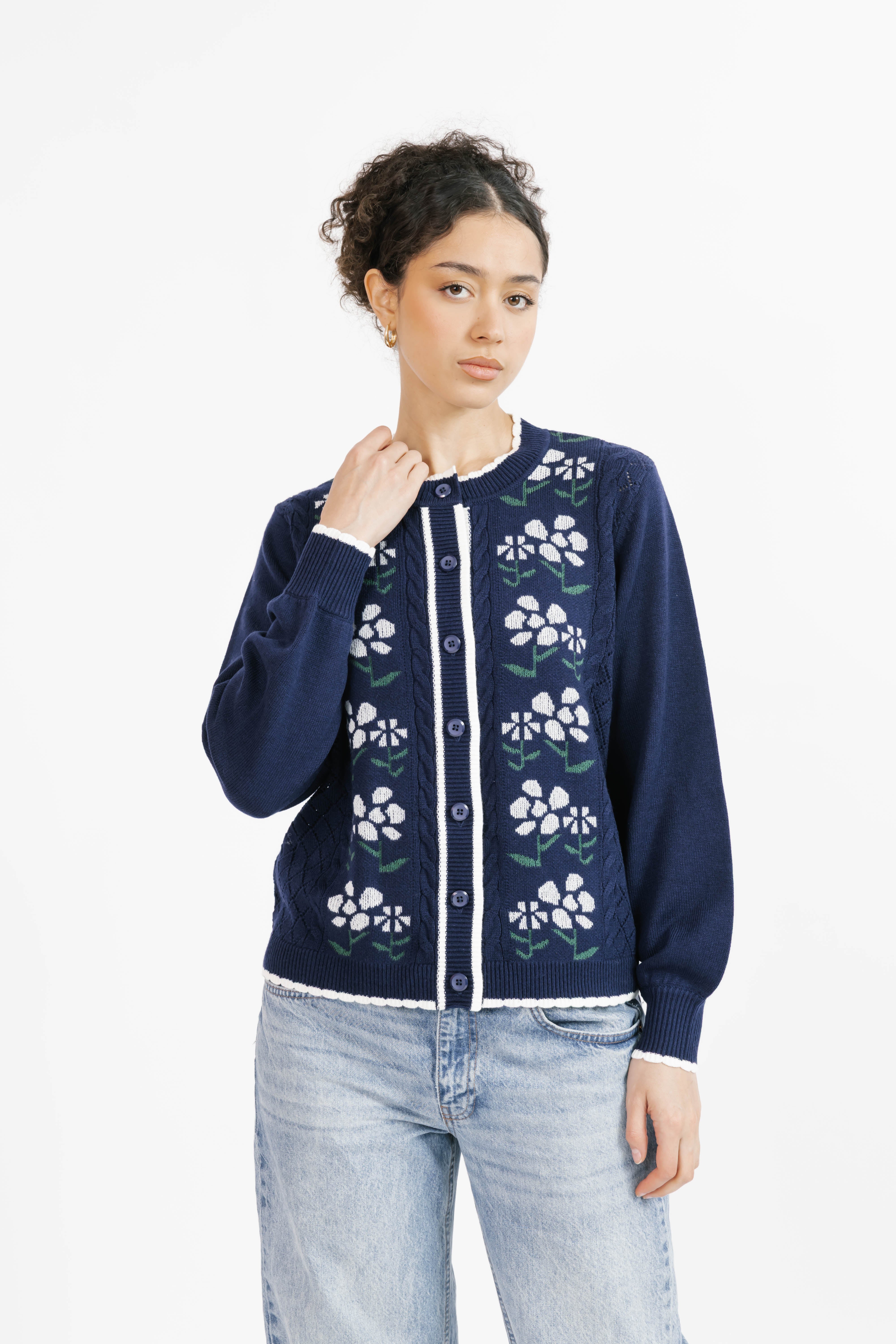 Cottage Core Floral Cardigan in Vintage Navy