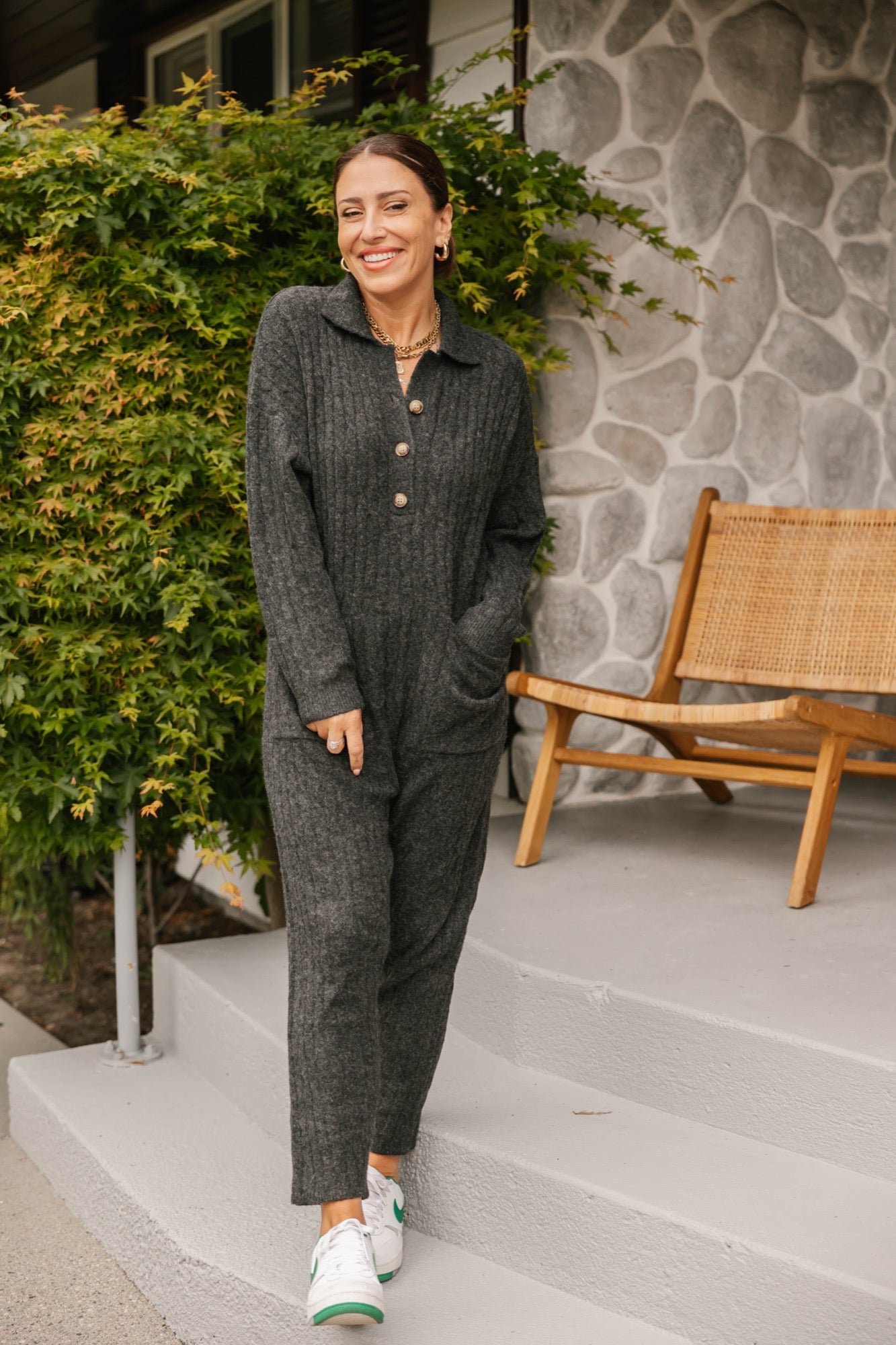 Florence Cable Knit Jumpsuit in Dark Charcoal