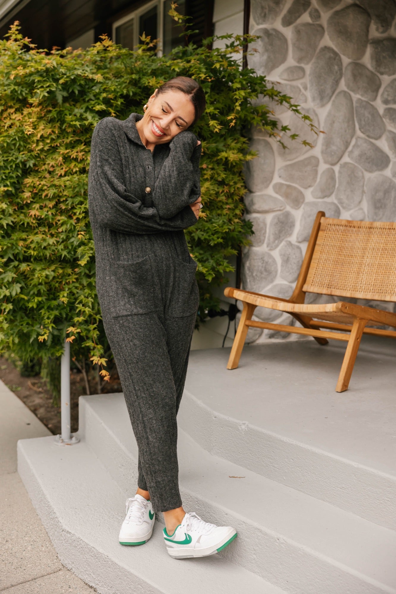 Florence Cable Knit Jumpsuit in Dark Charcoal