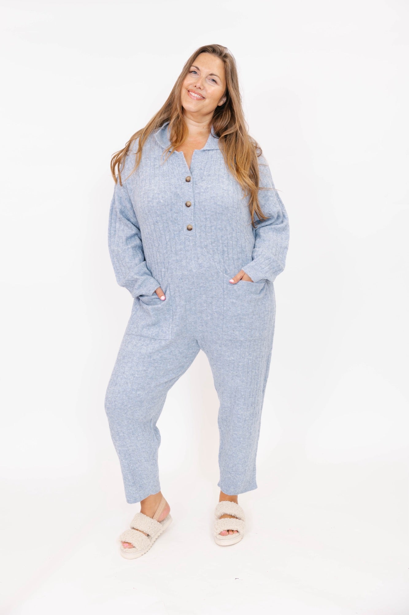 Florence Cable Knit Jumpsuit in Light Blue