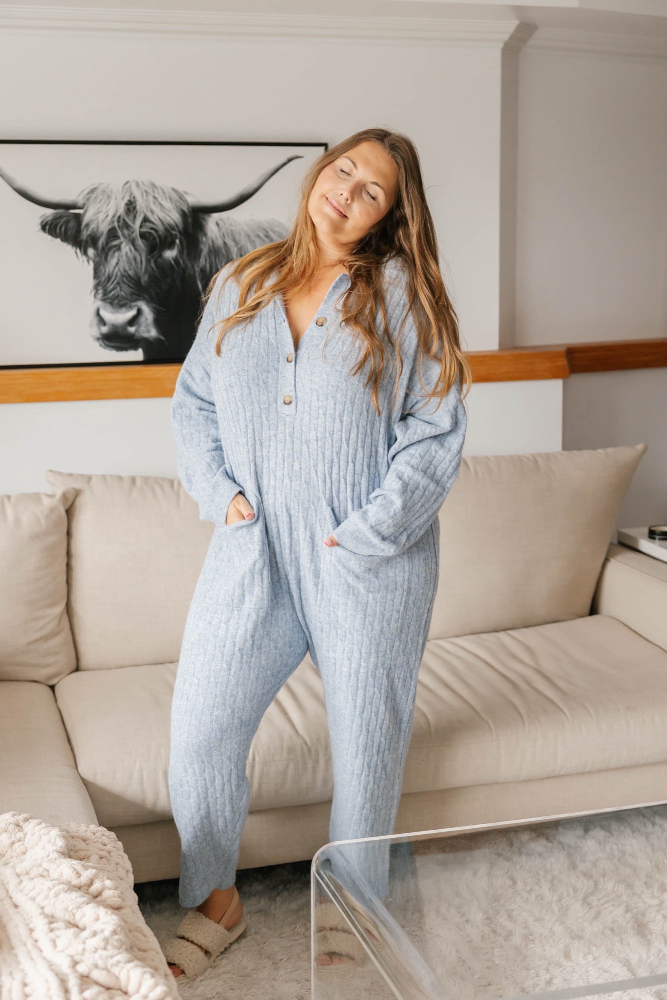 Florence Cable Knit Jumpsuit in Light Blue