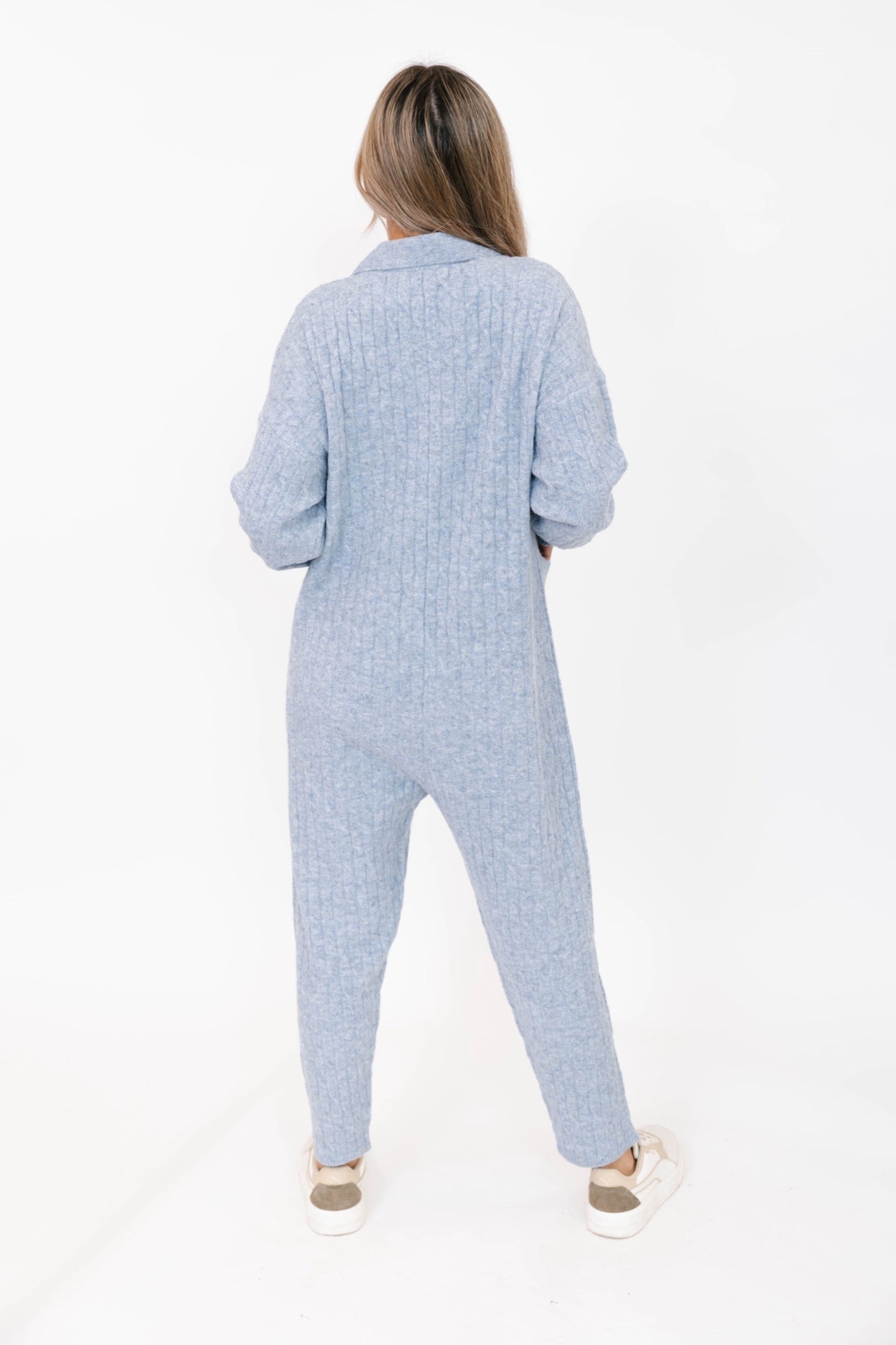 Florence Cable Knit Jumpsuit in Light Blue