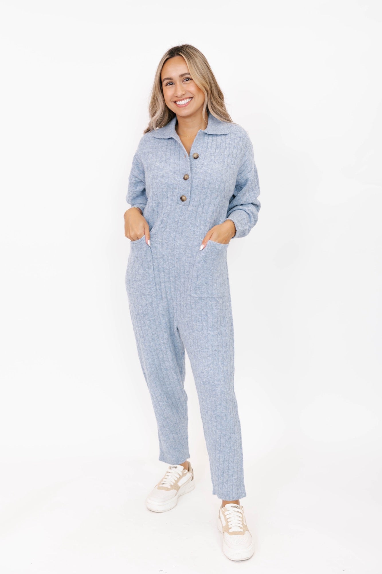 Florence Cable Knit Jumpsuit in Light Blue