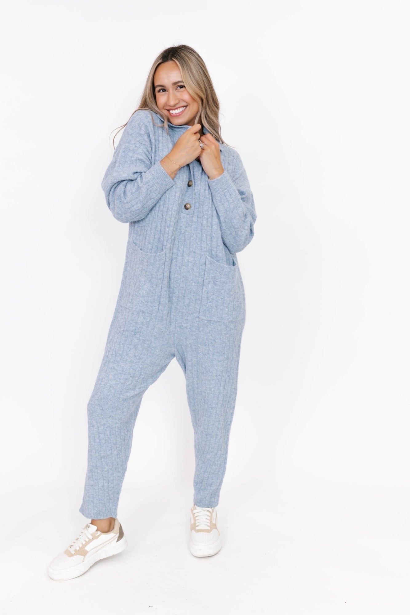 Florence Cable Knit Jumpsuit in Light Blue