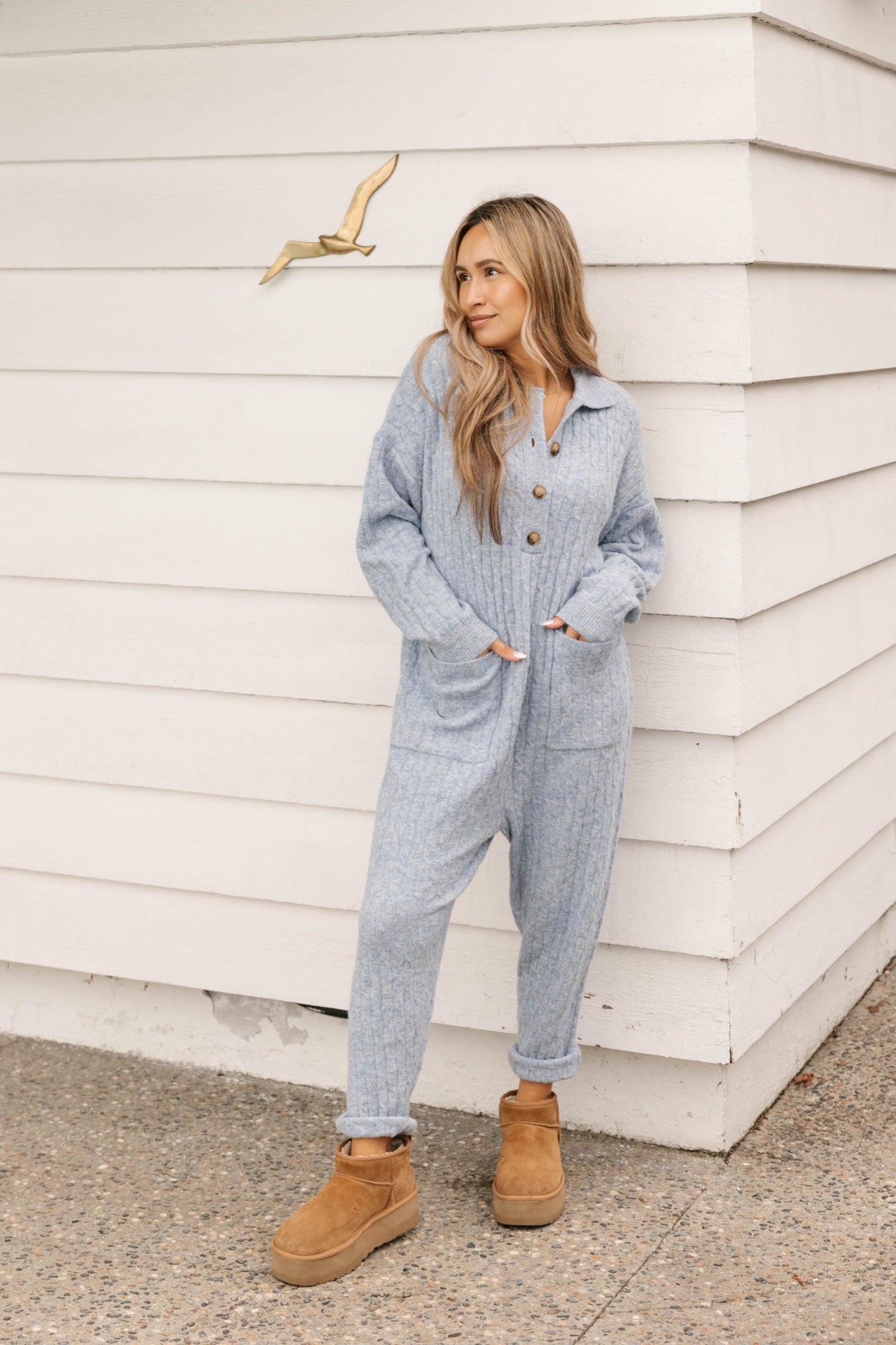 Florence Cable Knit Jumpsuit in Light Blue