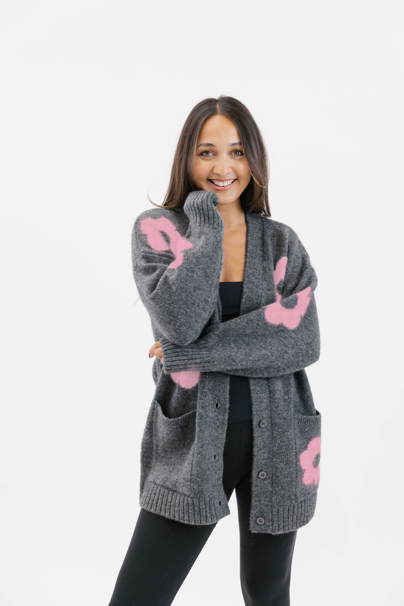 Flora Cardigan in Charcoal Pink Combo