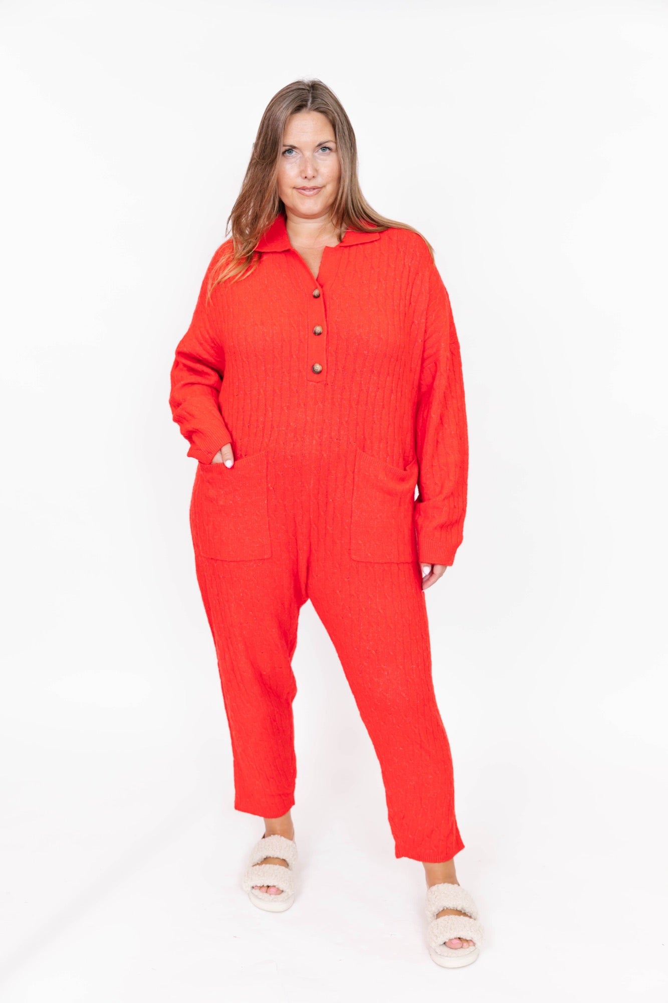 Florence Cable Knit Jumpsuit in Scarlet Red