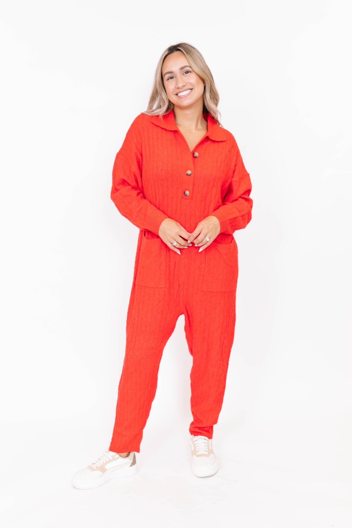 Florence Cable Knit Jumpsuit in Scarlet Red