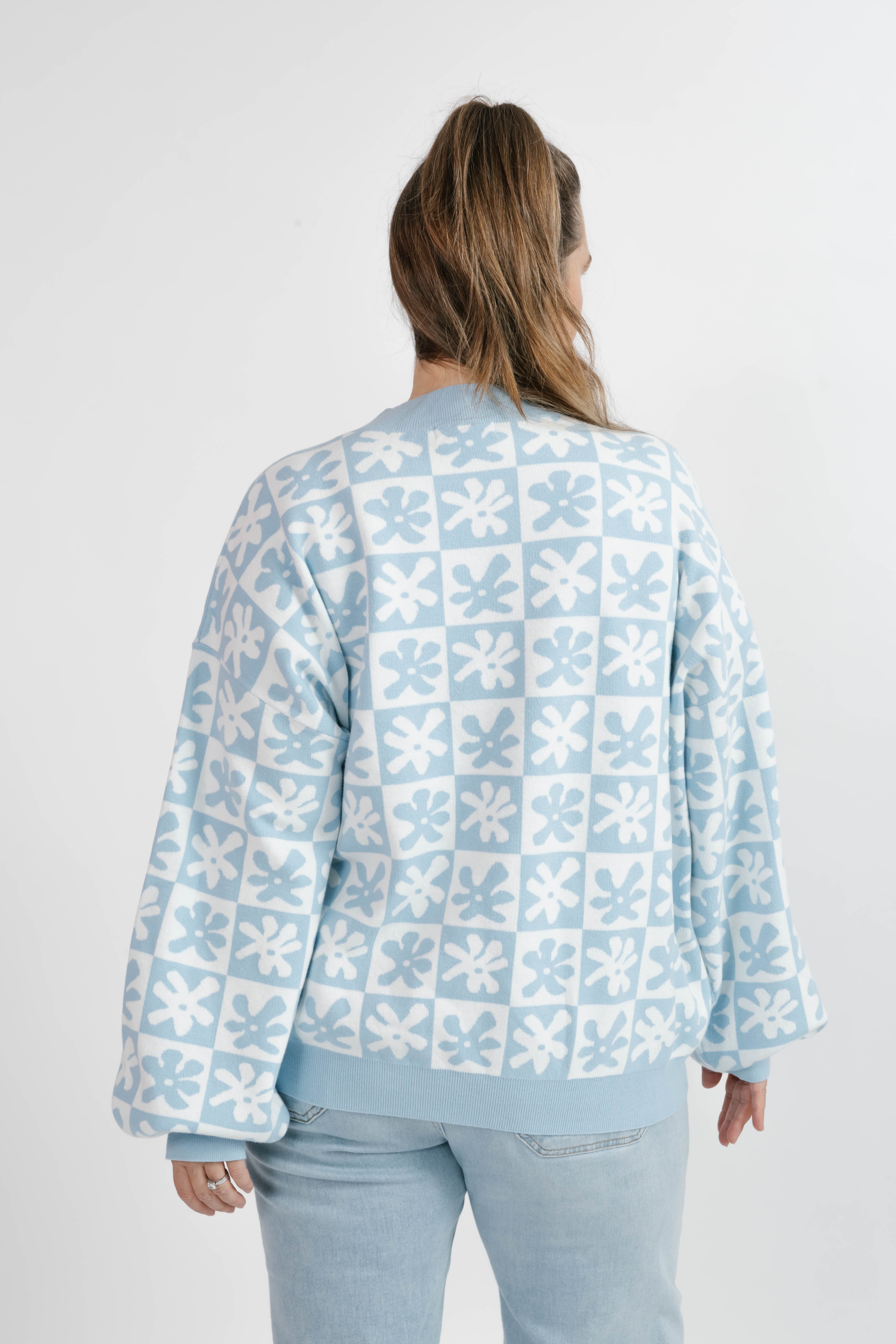 Floral Checkered Sweater in Blue/Cream